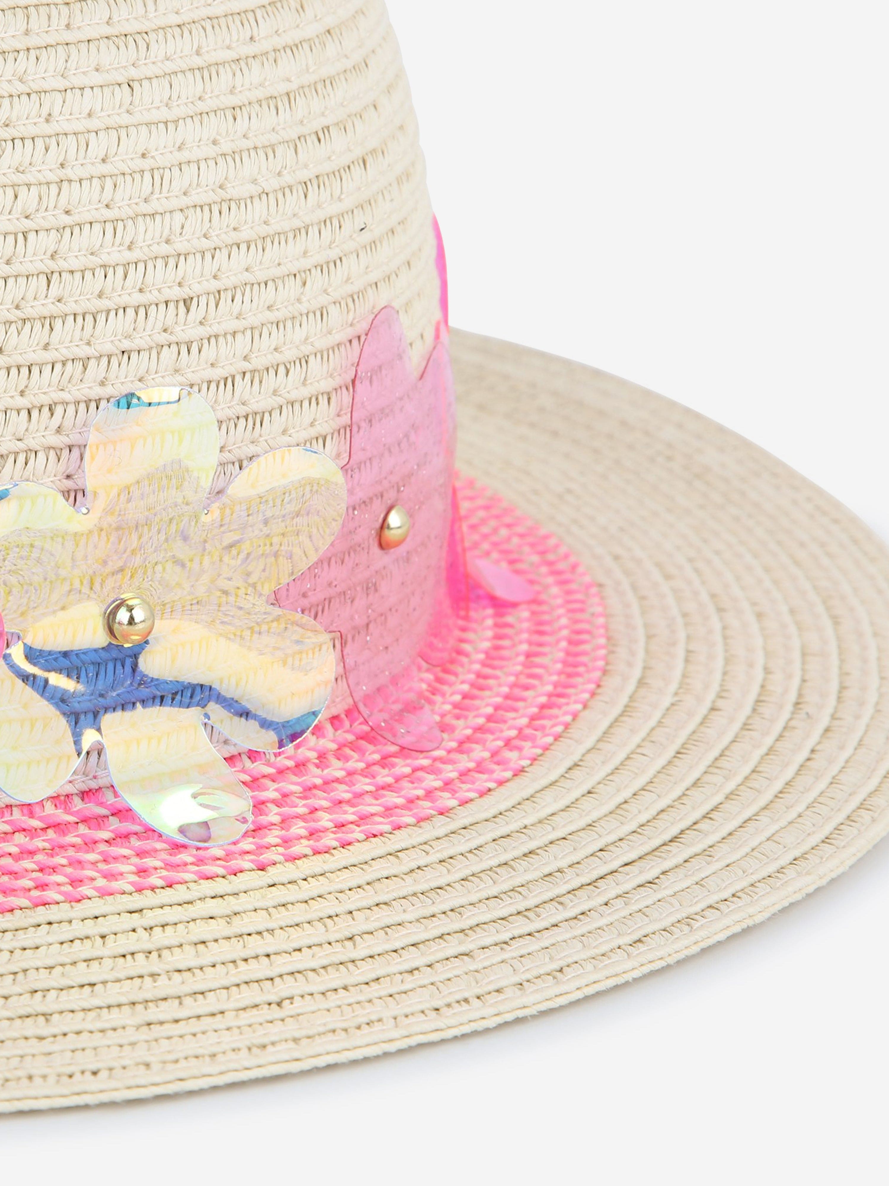 Billieblush Girls' Beige Floral Sun Hat - UV Protection Wide Brim Summer Hat for Beach, Garden & Outdoor Activities