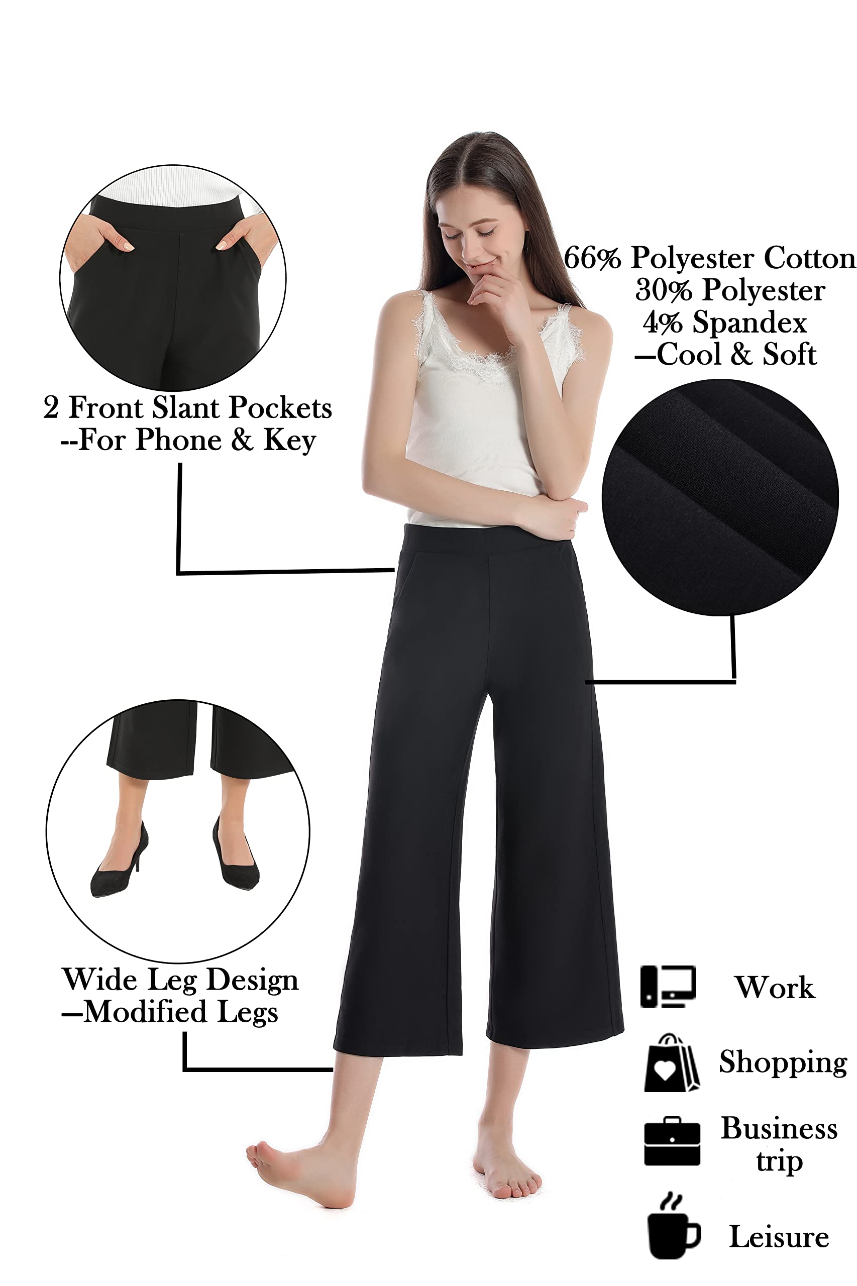 Women's Wide Leg Capri Pants with Pockets - Summer Casual & Business Pull-On Culottes - Perfect for Office Wear, Travel & Everyday Comfort