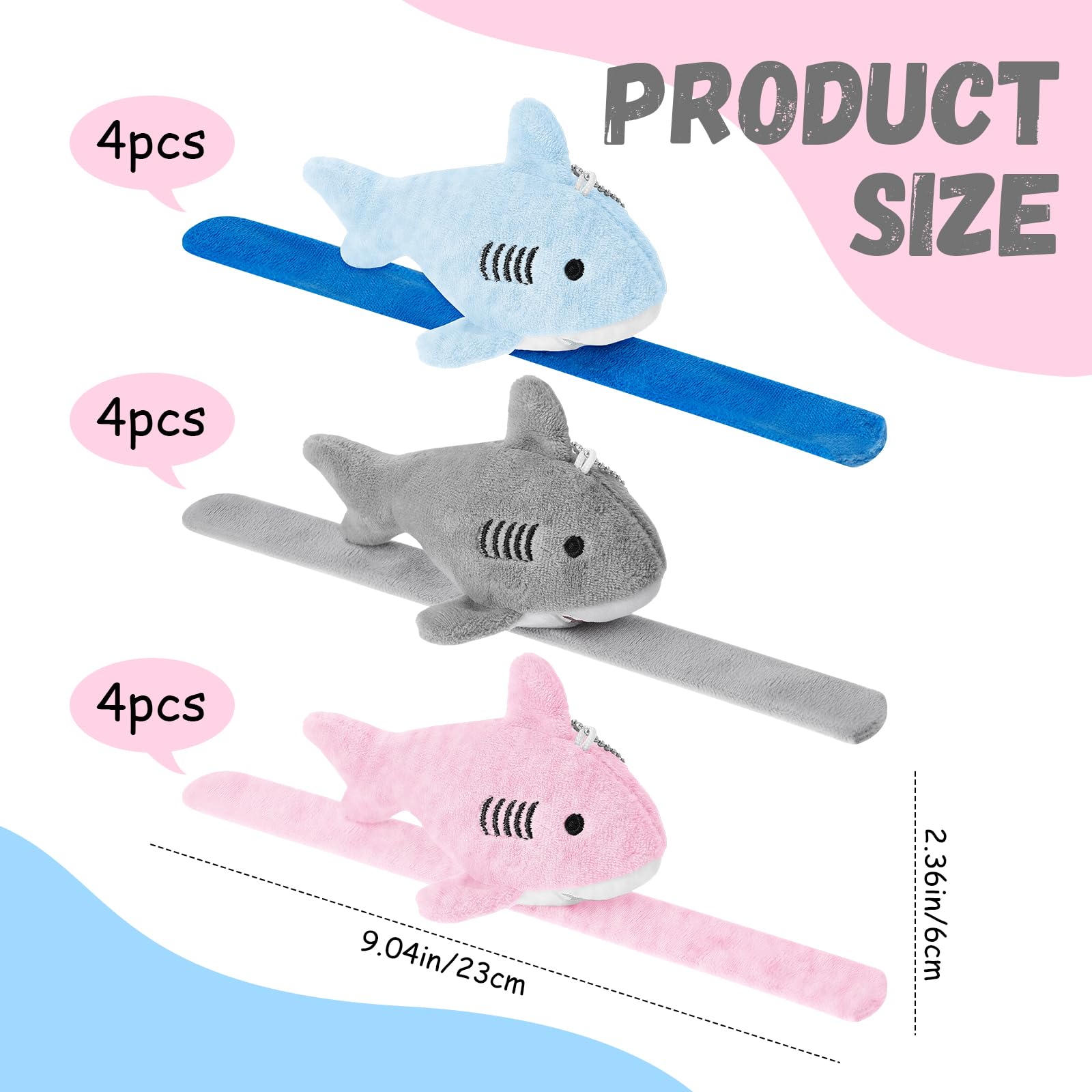 12 Pcs Plush Shark Slap Bracelet Stuffed Animal Wristbands - Fun Sea Animal Snap Bracelets for Kids, Party Favors, Birthday Gifts (Blue, Gray, Pink) - Perfect for Beach Parties, Pool Games & Ocean-Themed Events
