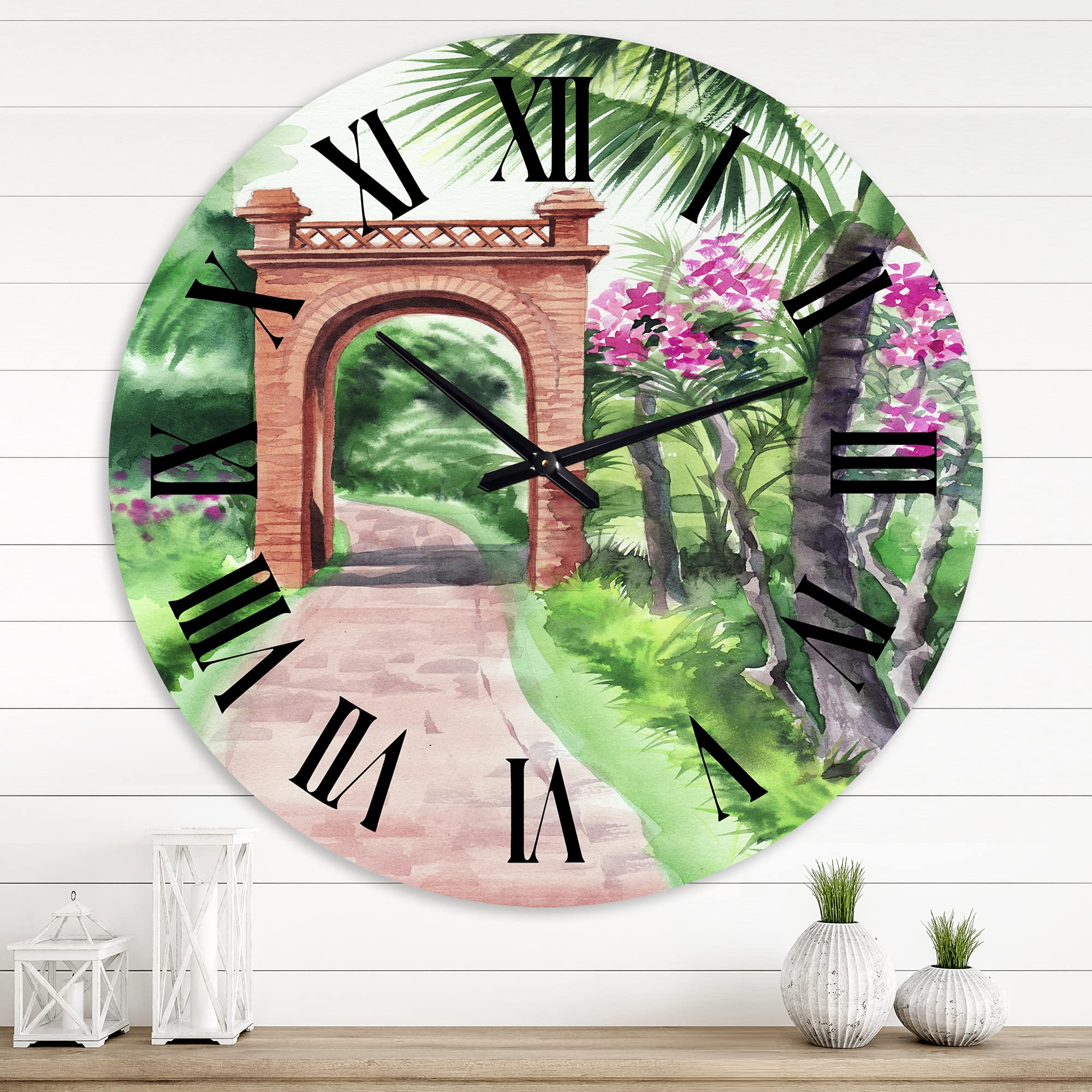 Large Tropical Wall Clock - Traditional Gate in Oasis Landscape Decor for Home & Office | Nature-Inspired Wall Art for Living Room, Bedroom, or Workspace