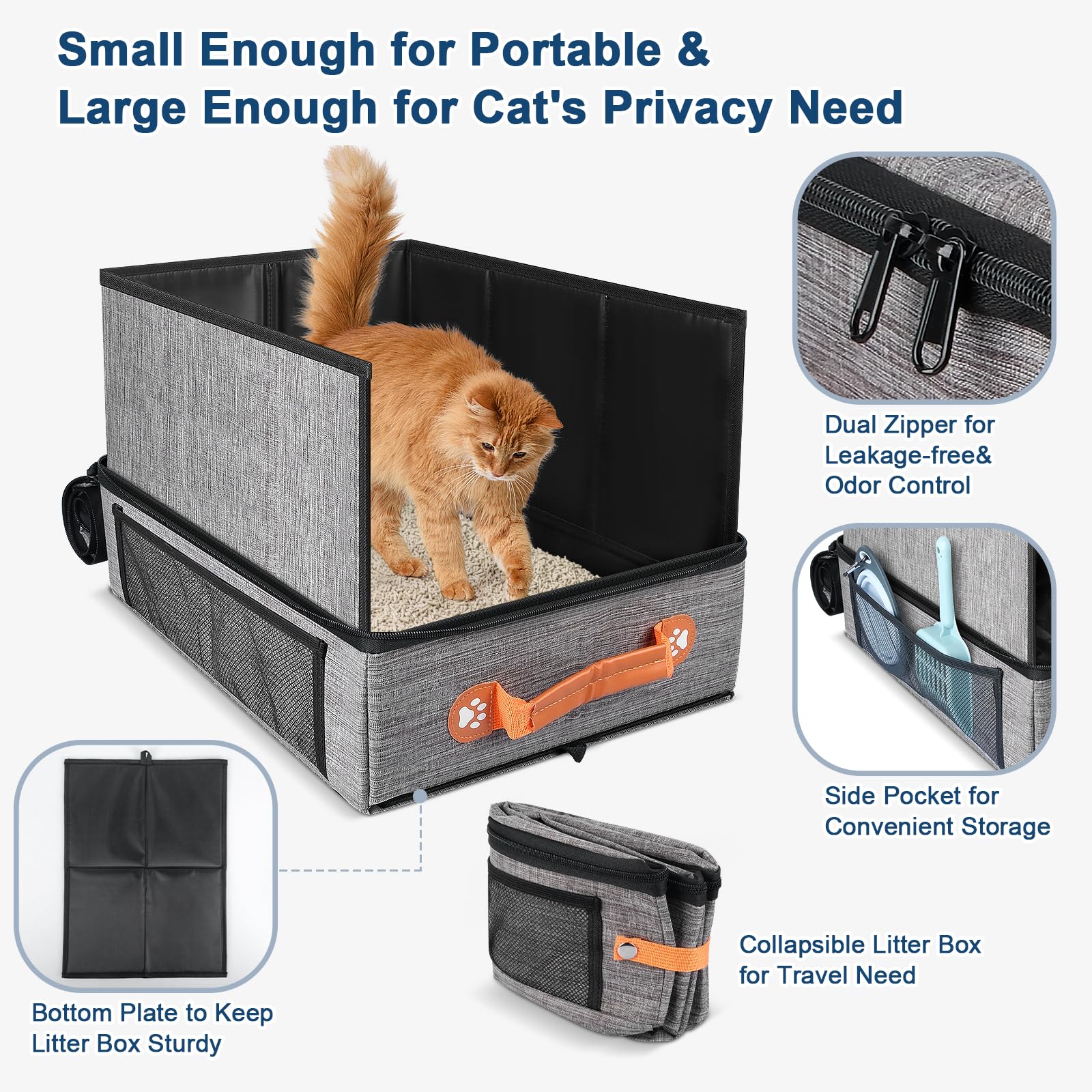 Collapsible Cat Litter Box with Lid - 17.7x13.5x13.75 Inch Portable Travel Litter Pan for Cats, Leak-Proof & Water-Resistant Design with Zipper & Hard Bottom - Perfect for Car, Hotel, Airplane & Outdoor Use
