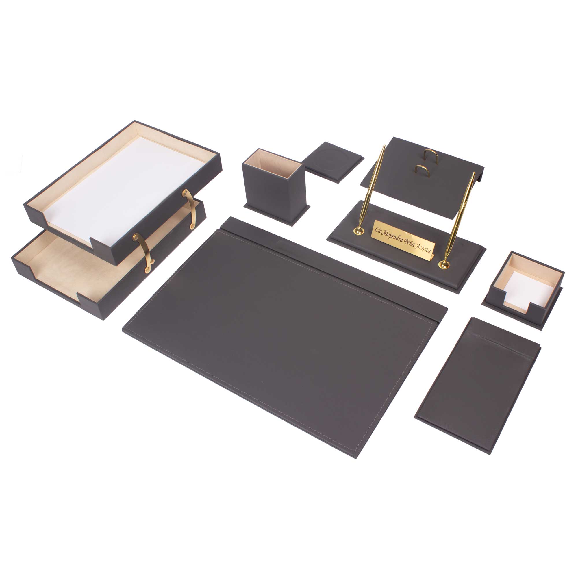 MOOG Leather Desk Organizer Set - Double Document Tray in Gray (10-Piece) for Office, Home & Workspace Organization