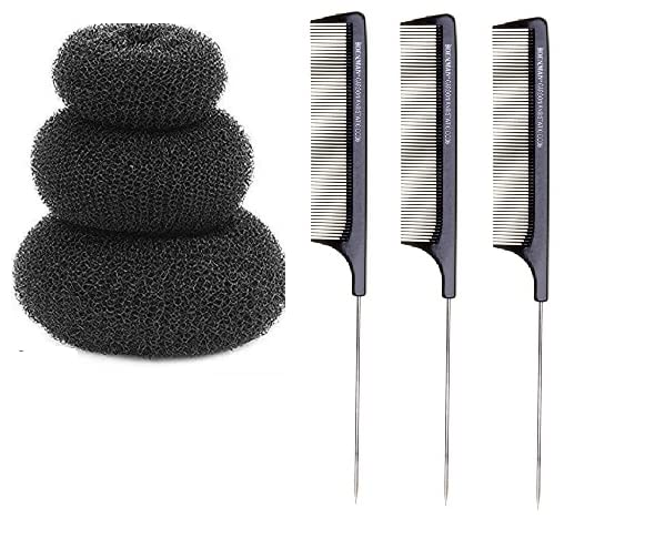 3 Pcs Hair Volumizer Bun Donut & 6 Pcs Stainless Steel Tail Combs Set - Hair Puff Maker for Updos, Ponytails & Styling - Perfect for Salon, Home & Travel Use