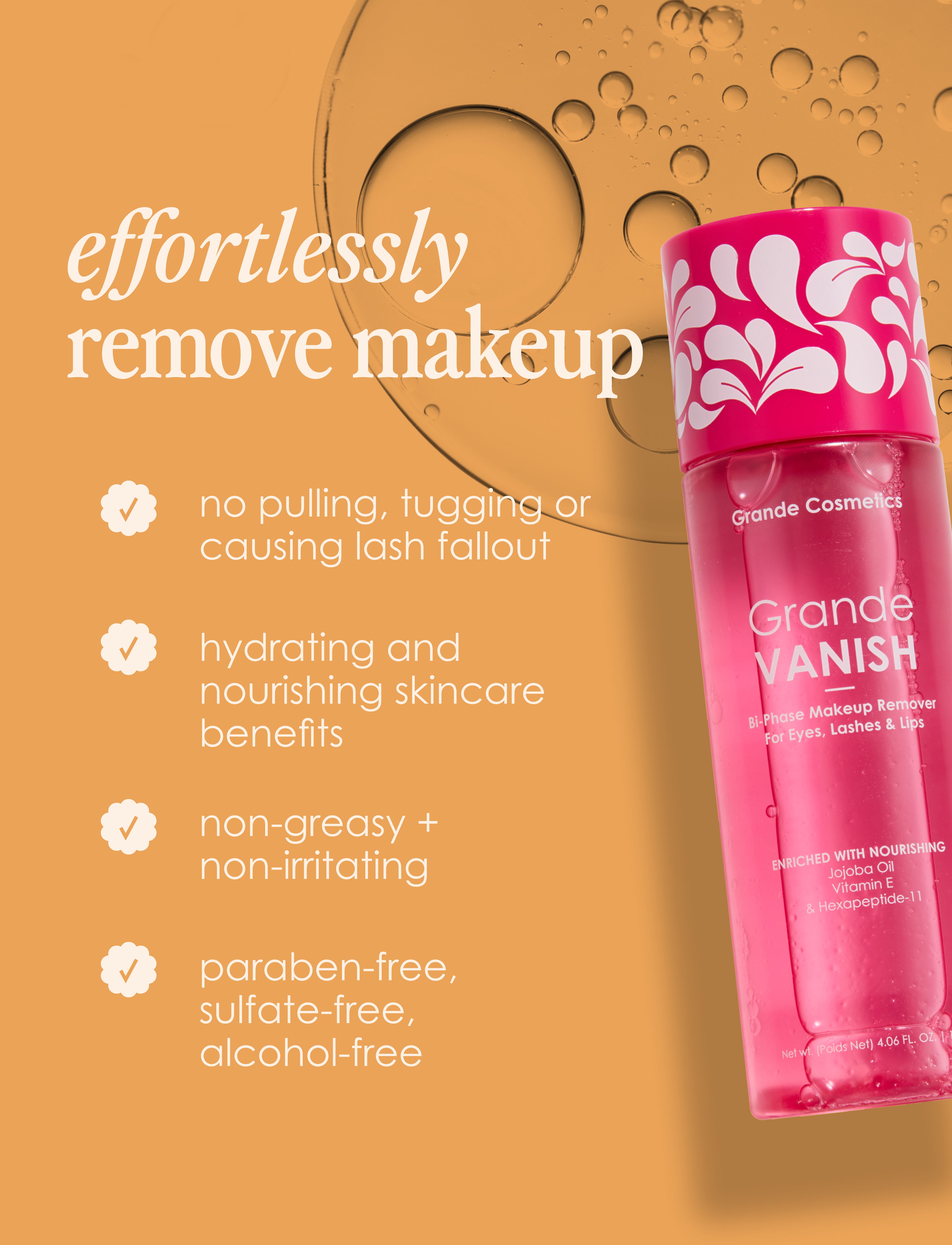 Grande Vanish Bi-Phase Makeup Remover for Eyes, Lashes & Lips - Gentle Waterproof Makeup Remover for Sensitive Skin | Perfect for Nighttime Routine & Travel