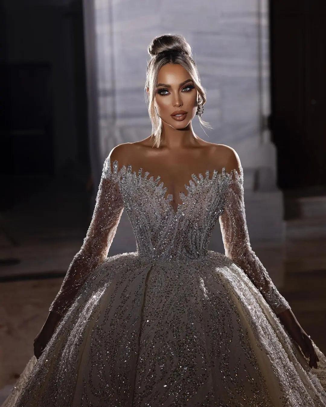 Luxury Strapless Princess Wedding Gown with Beaded Illusion Sleeves & Deep V Neckline - Elegant Bridal Dress for Church Ceremony, Beach Wedding, and Formal Reception