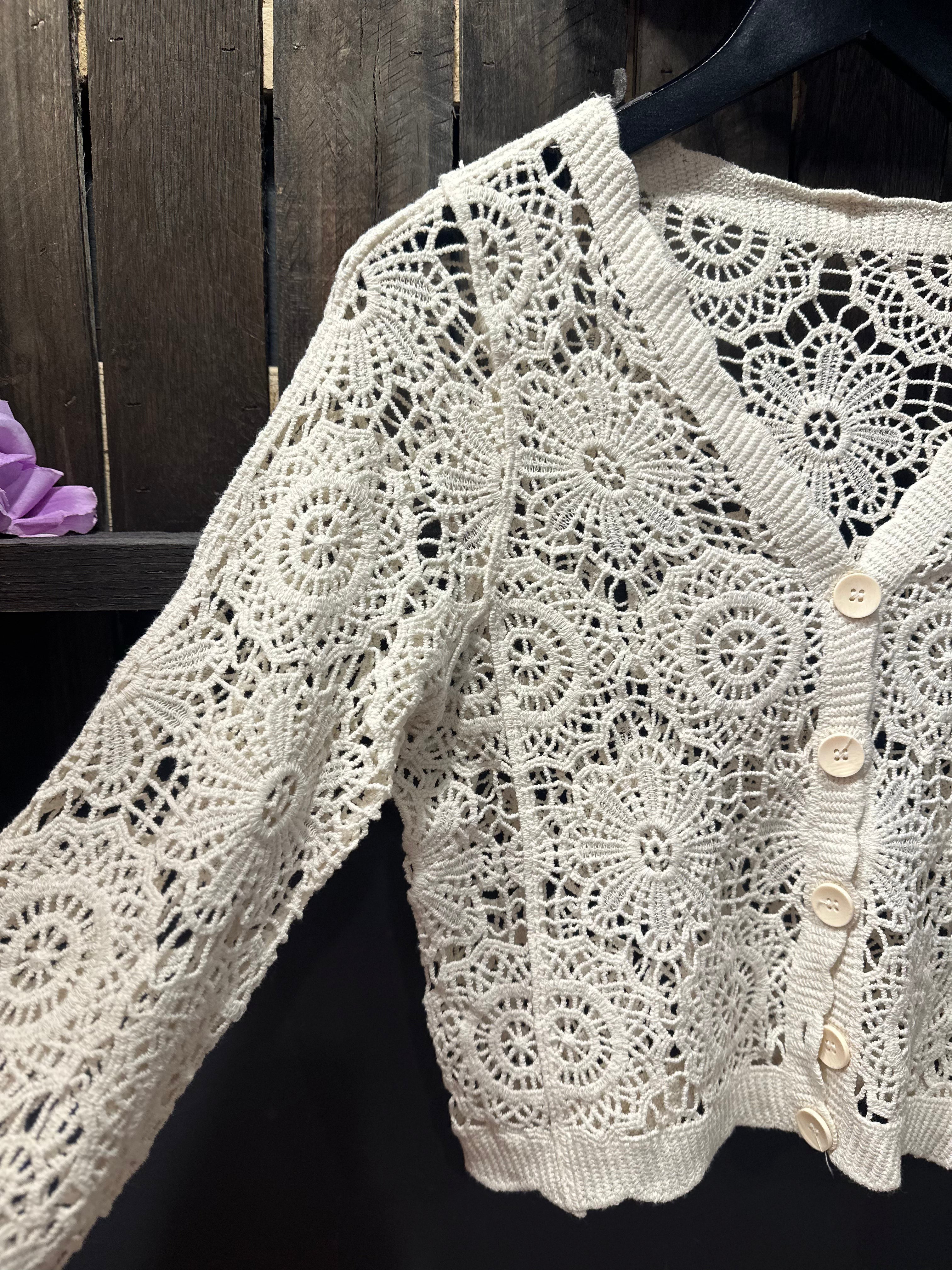 Stylish Scallop Trim Crochet Button-Up Cardigan Sweater for Women | Boho Chic Lace Knit Open Front Cover-Up | Perfect for Beach, Wedding & Spring Outfits
