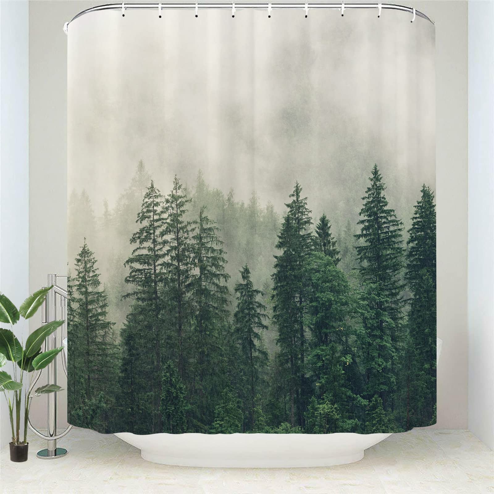 Forest Shower Curtain - Nature Inspired Pine Tree Winter Mountain Misty Woodland Bathroom Decor with Hooks, Waterproof 60x72 Inch Green Bath Curtain Set for Indoor/Outdoor Bathtub - Perfect for Cabin, Rustic, or Nature-Themed Bathrooms