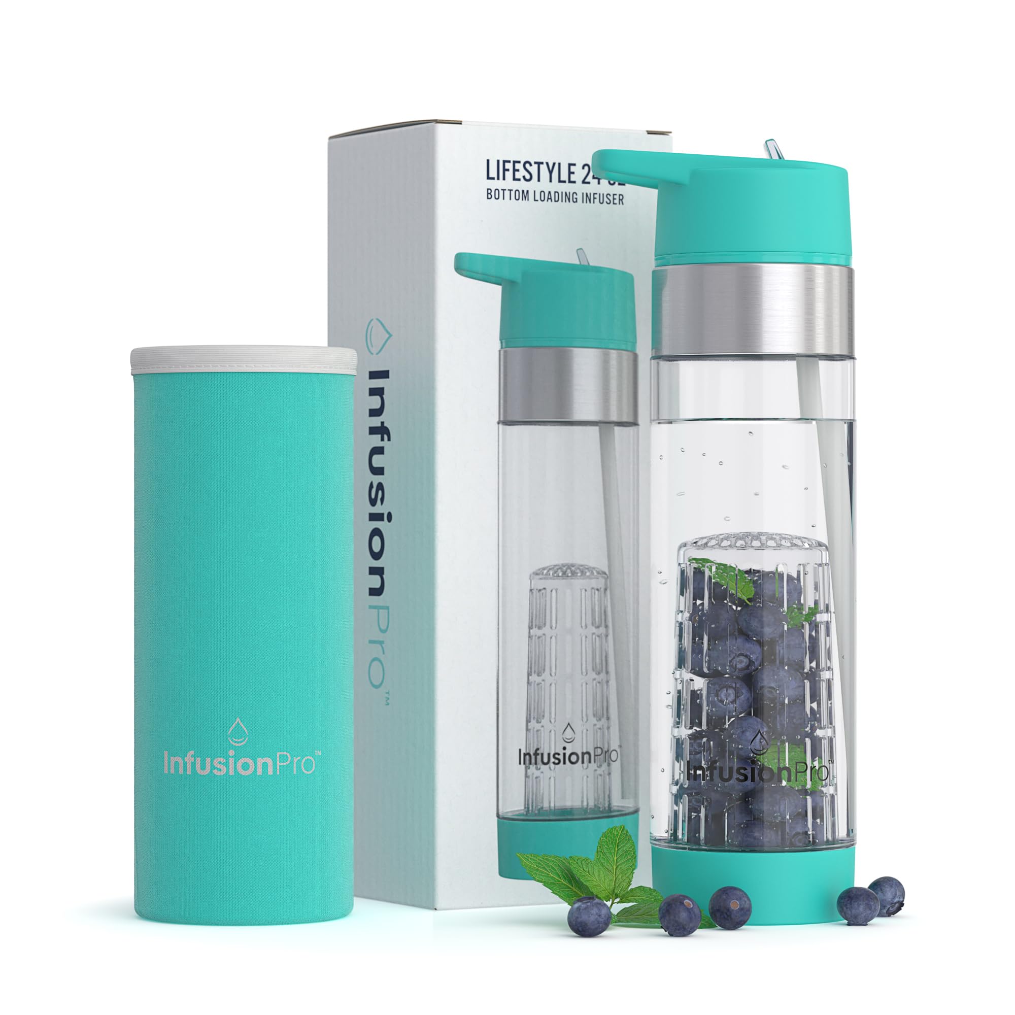 Infusion Pro 24oz Fruit Infuser Water Bottle with Flip-Up Straw, Insulated Sleeve & Free eBook - Bottom Loading Design for Enhanced Flavor (Blue Jade) - Perfect for Gym, Office & Outdoor Hydration