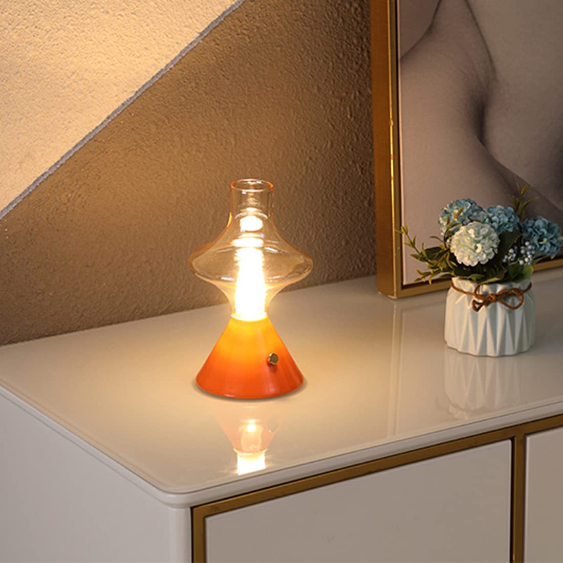 Vintage Dimmable LED Table Lamp - 3000K Warm White, Cordless Touch Control, Rechargeable 1800mAh Battery (1W-2W) - Orange Retro Candle Night Light for Bedroom, Restaurant, Bar & Home Decor