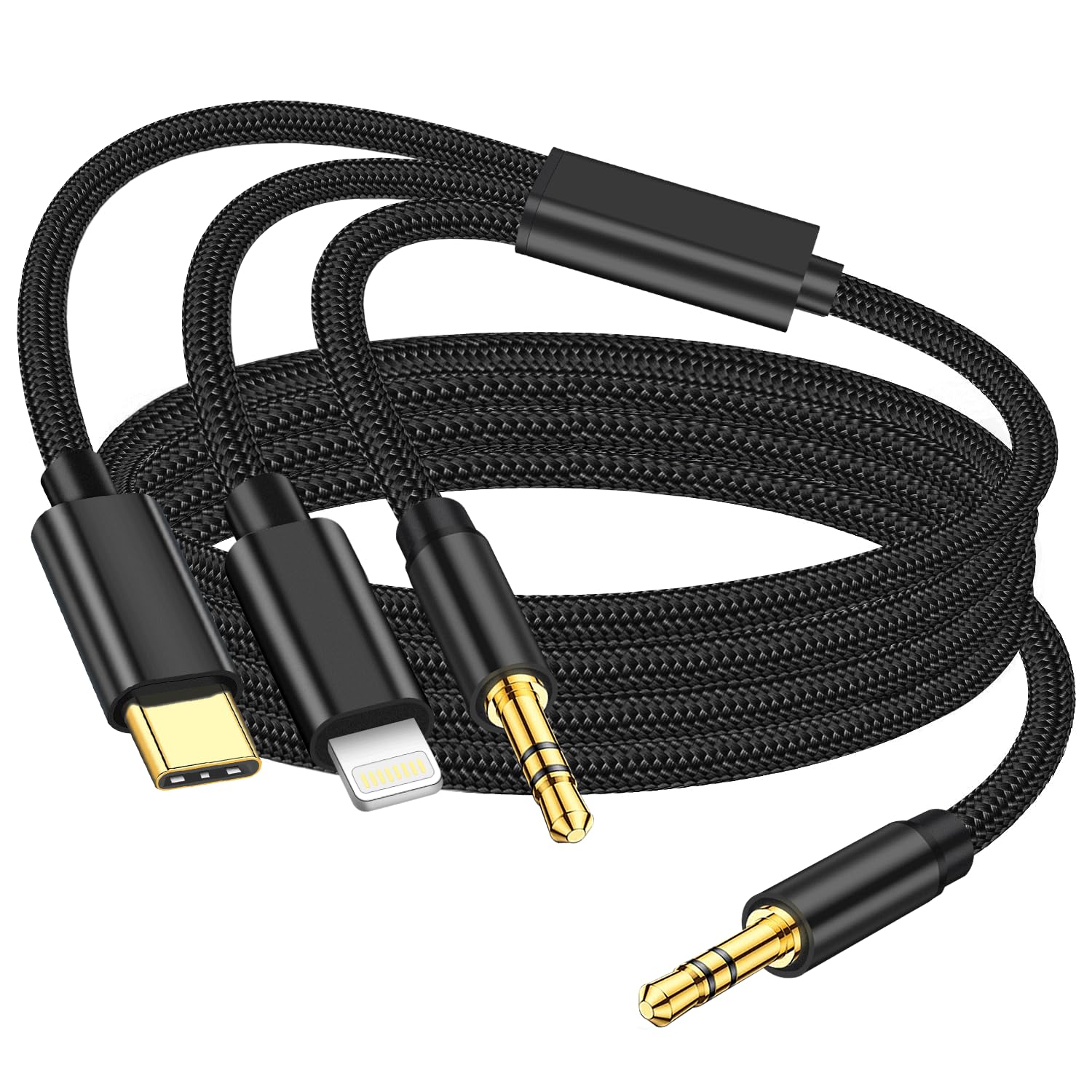 Apple MFi Certified 3-in-1 Audio Cable - Lightning/USB-C to 3.5mm Aux Cord for iPhone 16/15/14/13/12, Pixel 9/8/7, Galaxy S24/S23, iPad & MacBook | Car Stereo & Headphone Adapter | Perfect for Commuting, Road Trips & Home Audio Systems