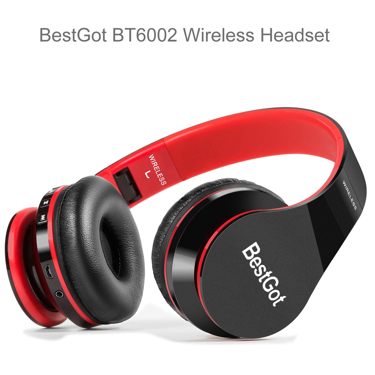 BestGot BT6002 Kids Bluetooth Headphones - Wireless Foldable Headset for Boys & Girls, Compatible with iPhone, Android, TV, PC, Laptop (Black/Red) - Perfect for Online Classes, Gaming & Travel