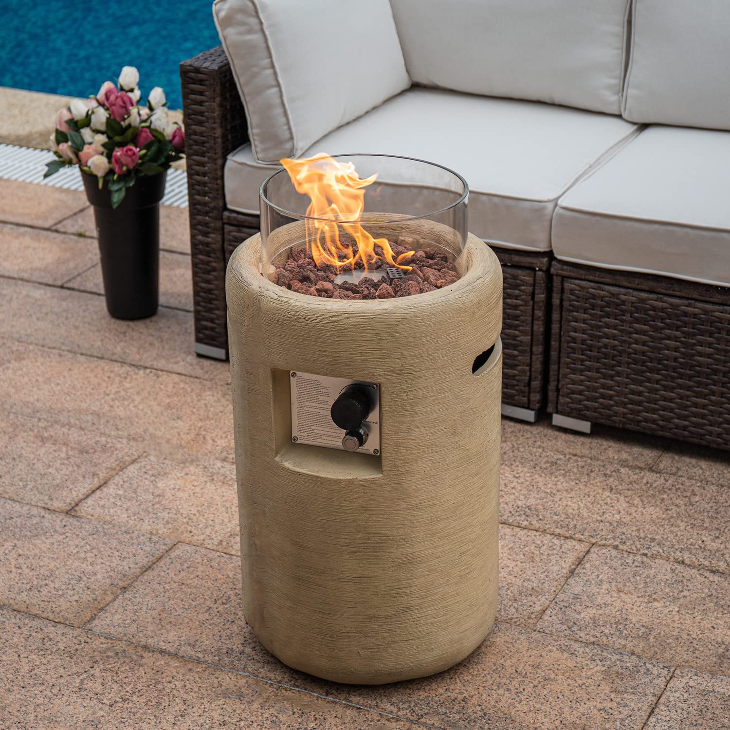 Outdoor Propane Fire Pit Table - 16-inch Round Graphite Base with Compact Ledgestone & Glass Wind Guard, 40,000 BTU - Includes Free Lava Rocks & Touch-up Pen - Fits Standard 20lb Tank - Perfect for Patio, Backyard, and Camping (Marzipan Color)