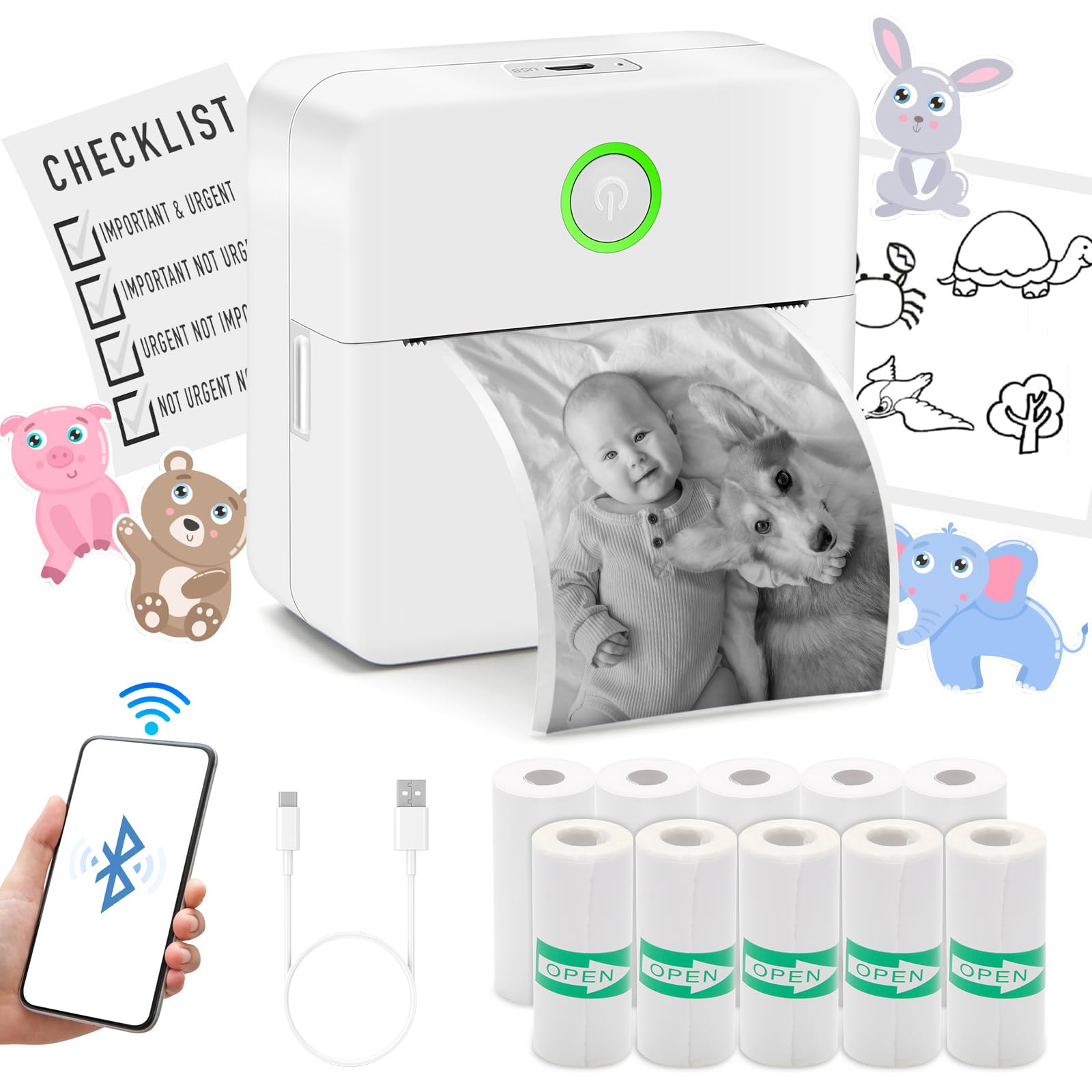Thermal Mini Printer - Portable Bluetooth Sticker Maker for Notes, Photos & Journals | Inkless Pocket Printer for Android & iOS | Perfect for Kids Gifts, DIY Crafts & Travel Scrapbooking