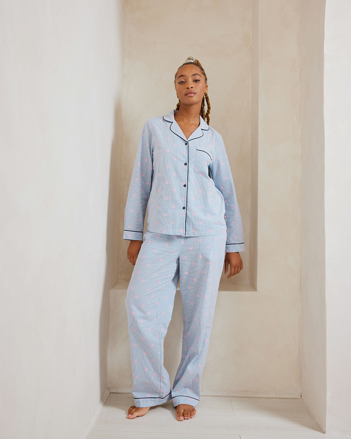 Seersucker Cotton Starfish Stripe Print Long Pajama Set for Women - Comfortable Sleepwear for Summer Nights & Beach Vacations