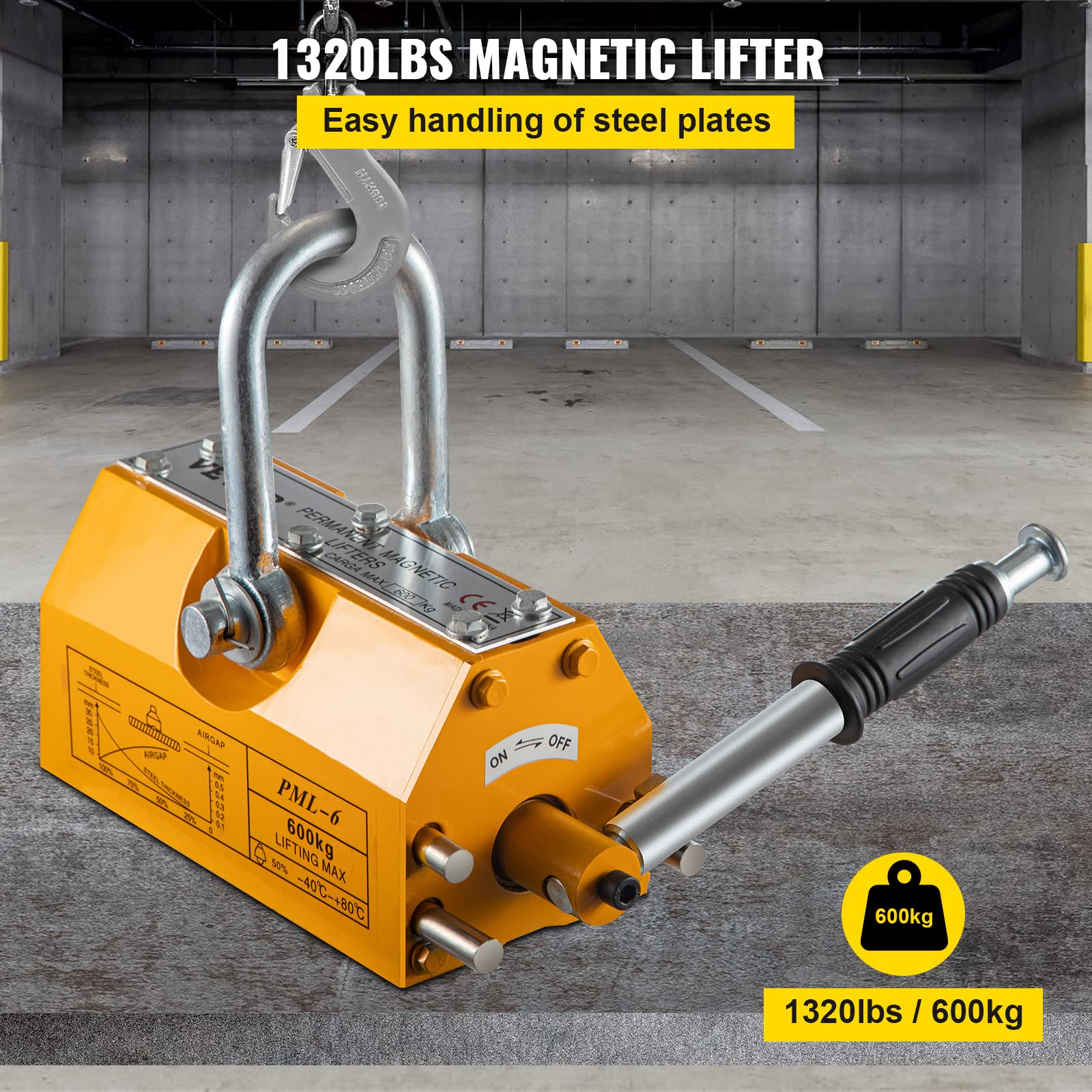 VEVOR 1320lbs Magnetic Lifter - 600KG Permanent Lifting Magnet with Handle for Steel & Metal Equipment - Heavy Duty Shop Crane for Material Handling - Ideal for Construction, Warehouses & Manufacturing