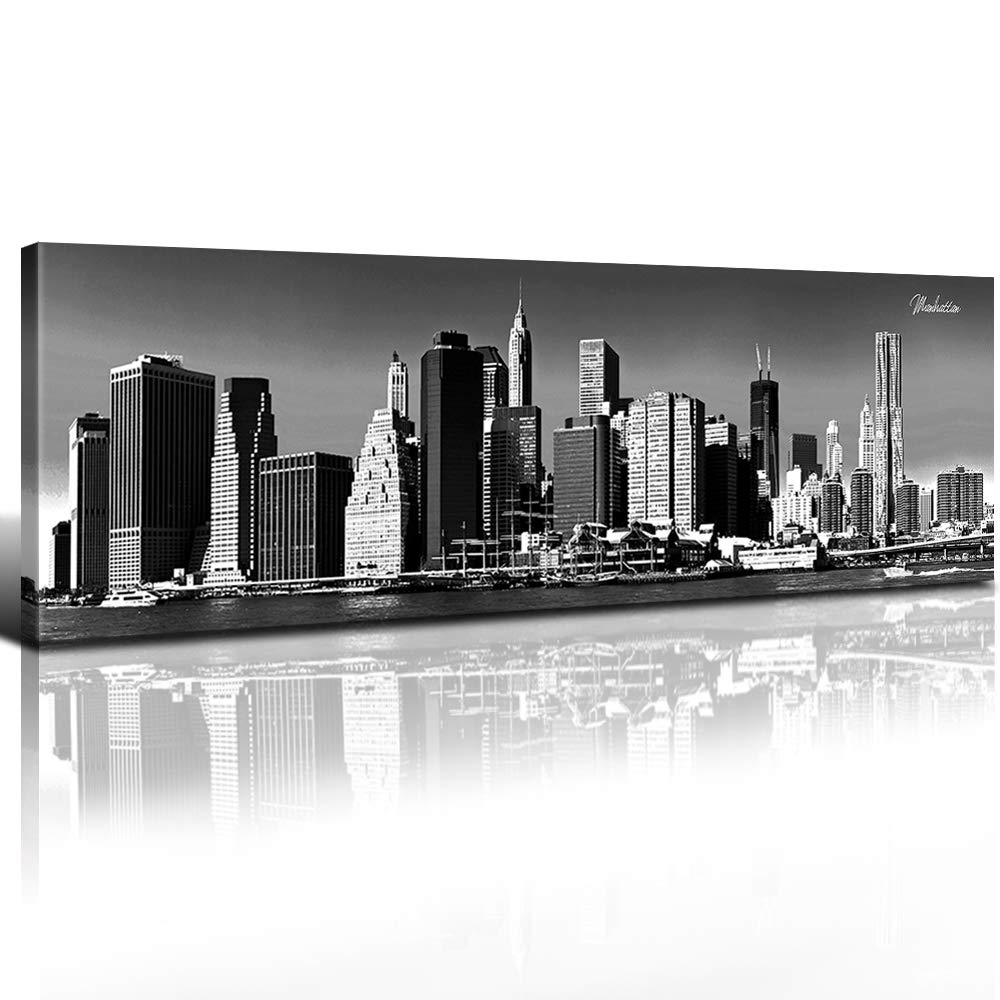New York City Canvas Wall Art - Manhattan Skyline Panoramic Poster, Black & White Urban Landscape Painting (12x36