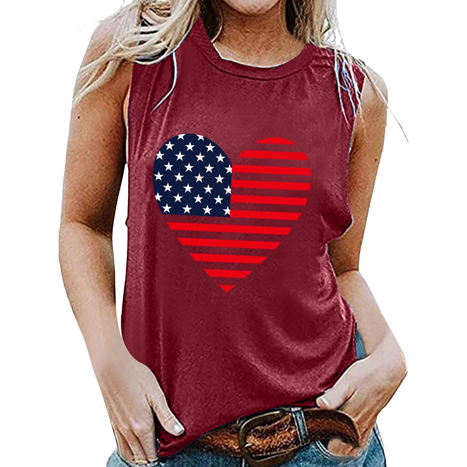 Women's Graphic Print Tank Tops - Sleeveless Round Neck Cotton Camisole T-Shirt for Summer & Independence Day | Casual Blouse in Wine Color (XL) | Perfect for Beach Outings, Festivals & Everyday Wear