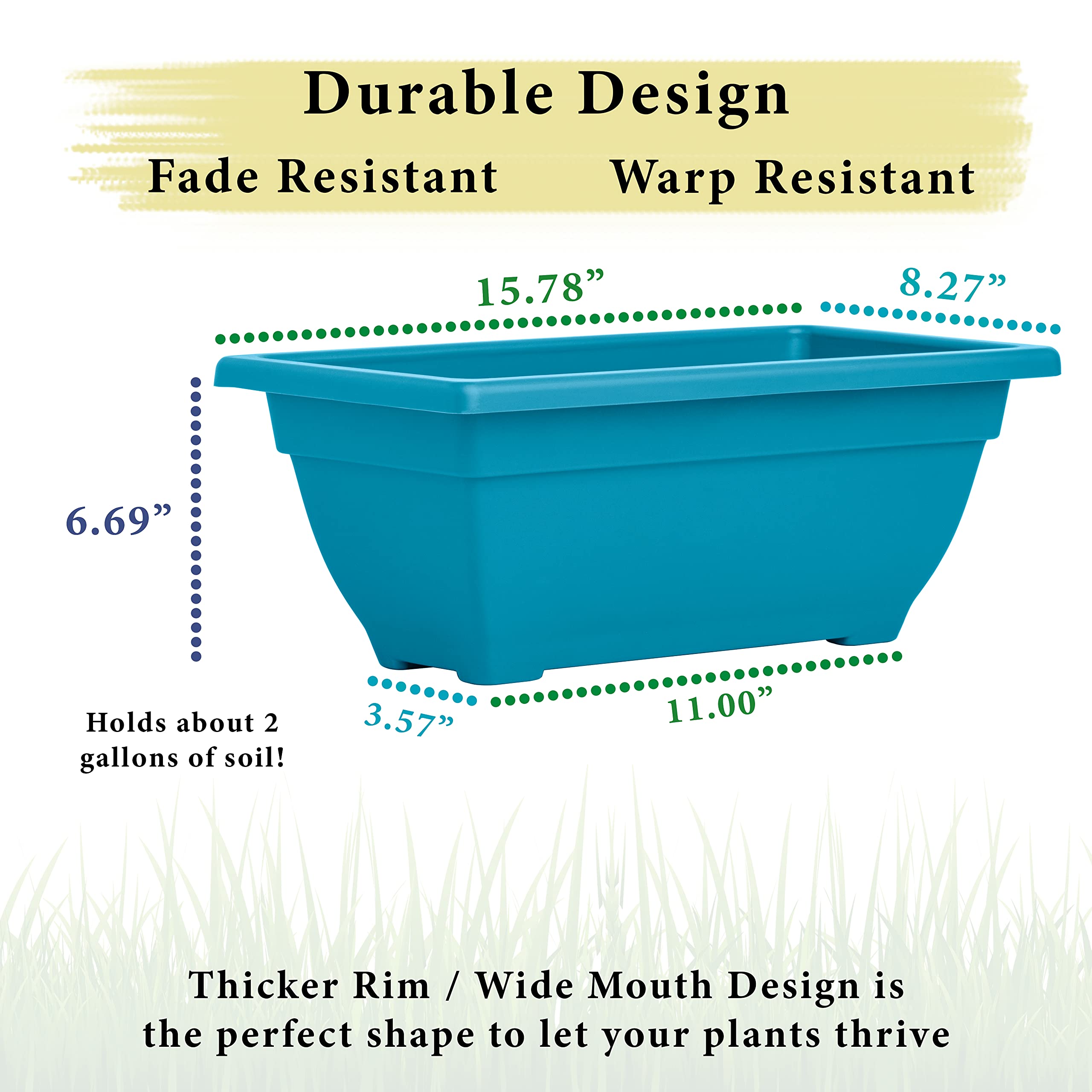 16 Inch Rectangle Planter Box - Indoor/Outdoor Durable UV Resistant Plastic Window Box Trough (2 Gallon Capacity) for Herbs, Succulents, Vegetables - Perfect for Patio, Balcony & Kitchen Gardening (Bora Bora Blue)