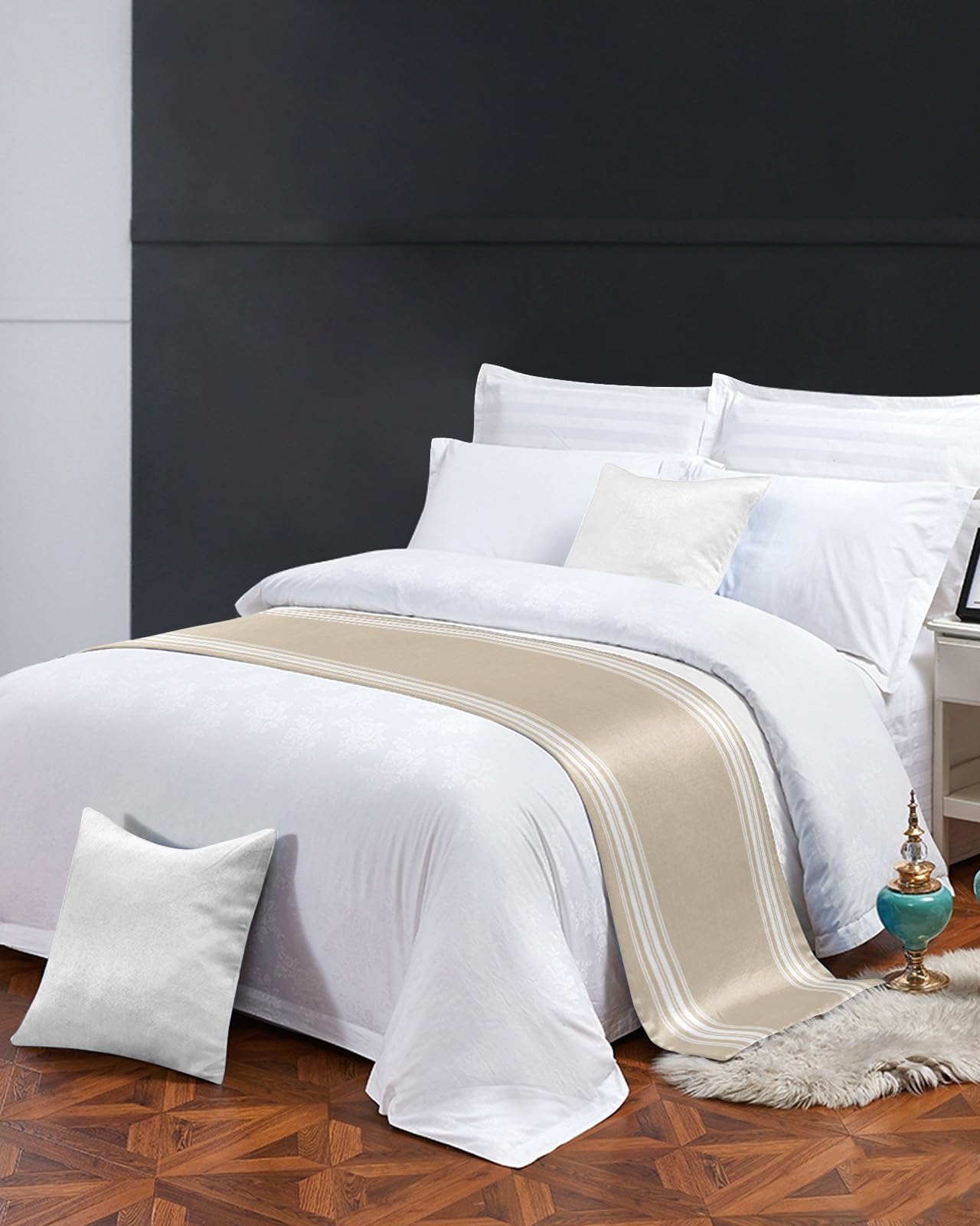 Luxury Beige Striped Bed Runner for Cal King Size Bed - Modern Farmhouse Abstract Art Bed Scarf Throw (102
