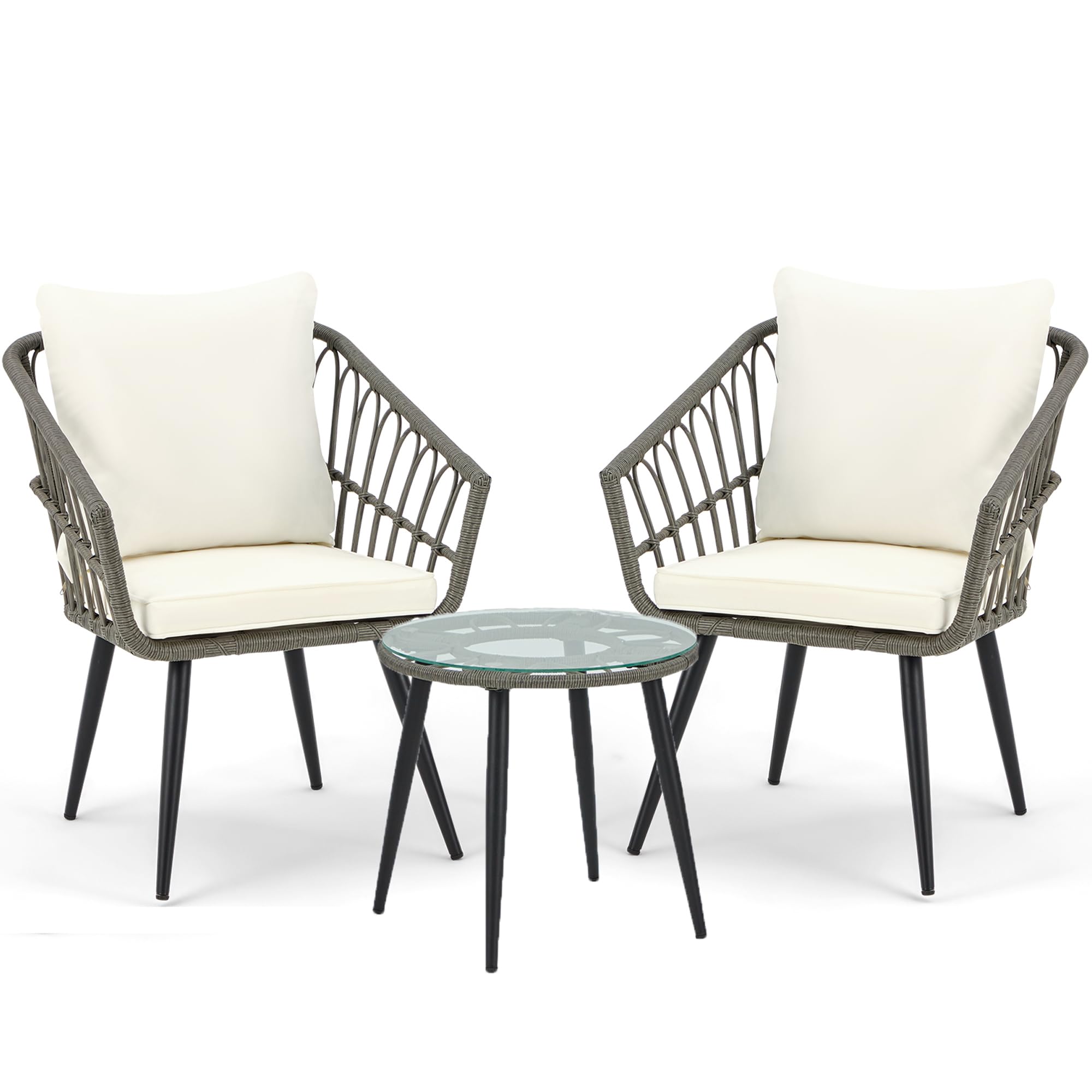 EcoTouge 3-Piece Wicker Bistro Set - Patio Rattan Dining Table with Glass Top & Cushioned Chairs - Outdoor Conversation Furniture for Porch, Backyard, Garden (Grey) - Perfect for Al Fresco Dining and Relaxing in Your Outdoor Space