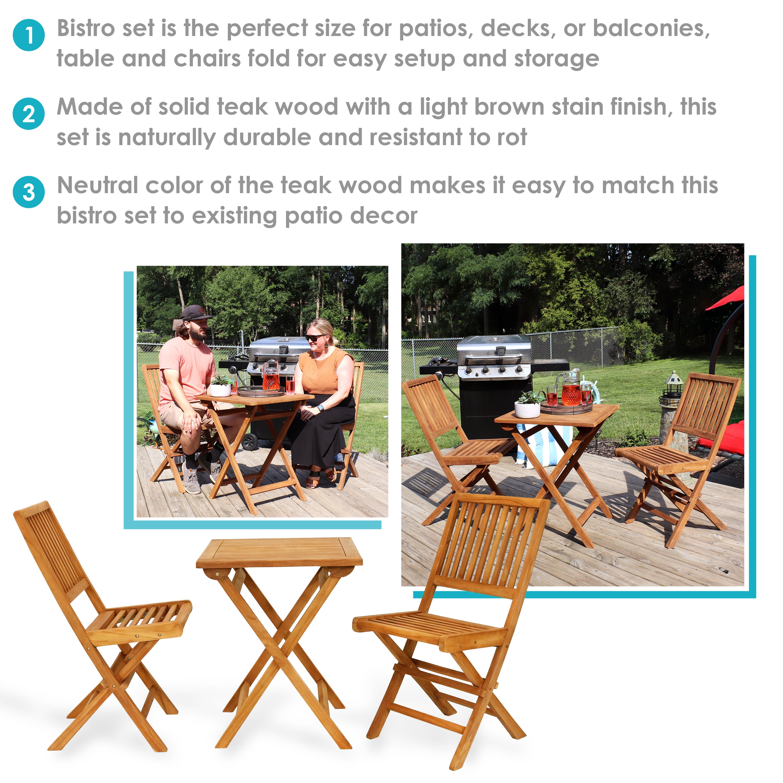 Sunnydaze Nantasket 3-Piece Outdoor Wooden Bistro Set - Patio, Garden, Balcony Furniture for Small Spaces - Perfect for Coffee, Dining & Relaxing Outdoors