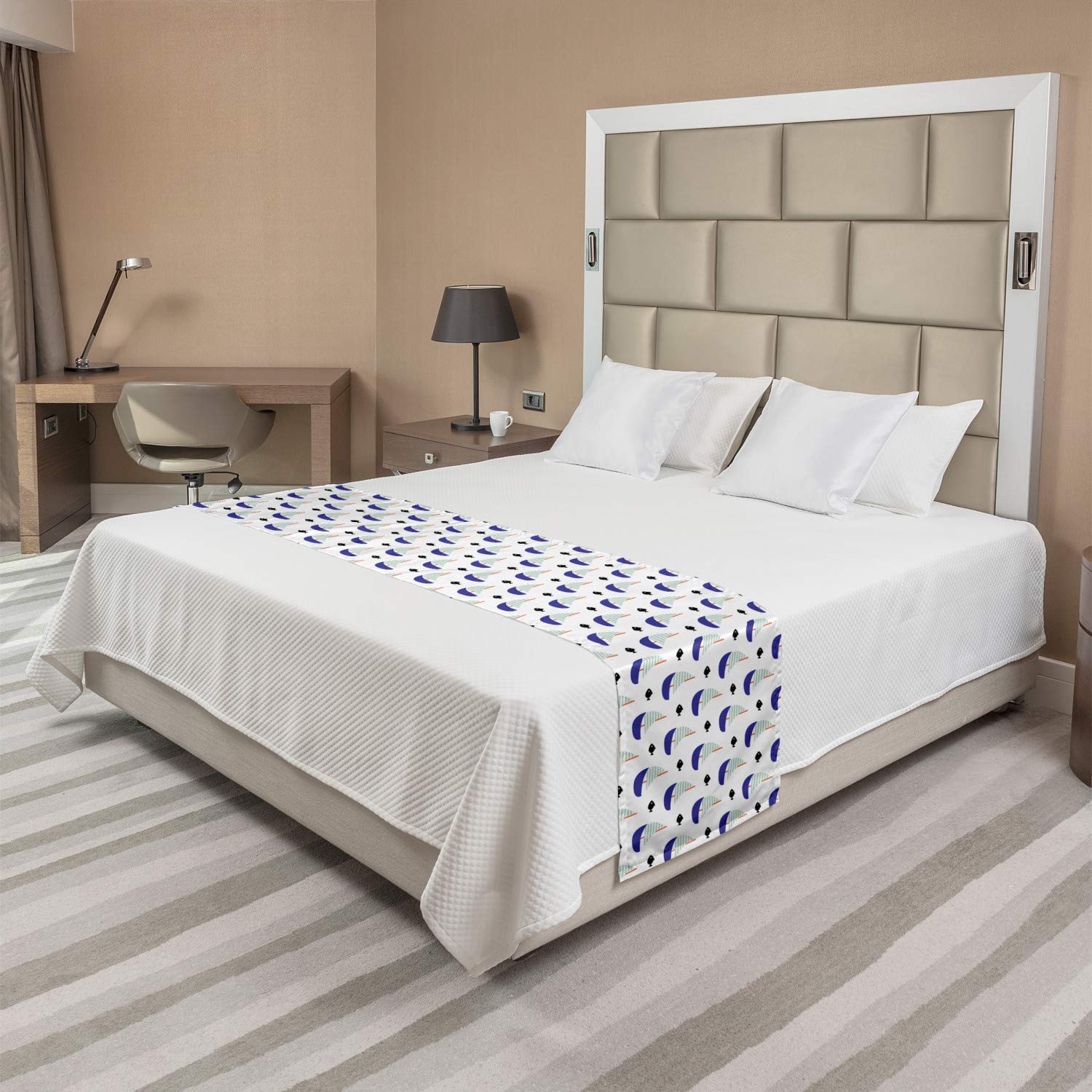 Ambesonne Sailboat Bed Runner - Minimalist Curvy Design with Sailboats & Black Molly Fishes - Decorative Accent Bedding Scarf for Hotels, Homes & Guestrooms - Violet Blue & Pale Blue - Perfect for Coastal & Nautical Themed Bedrooms