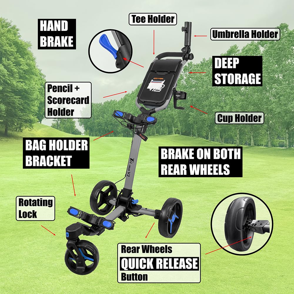 V2 Golf Push Cart - 3 Wheel Lightweight Golf Cart with 360° Swivel Front Wheel & Hand Brake | Easy Fold Design | Includes Cup Holder, Umbrella & Scorecard Holder | Perfect for Golf Courses, Driving Ranges & Outdoor Practice