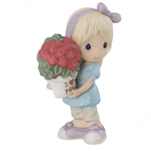 Precious Moments Blonde Girl Holding Heart-Shaped Rose Bouquet Flower Pot Figurine - Collectible Gift for Mother's Day, Valentine's Day, Birthday & Home Decor