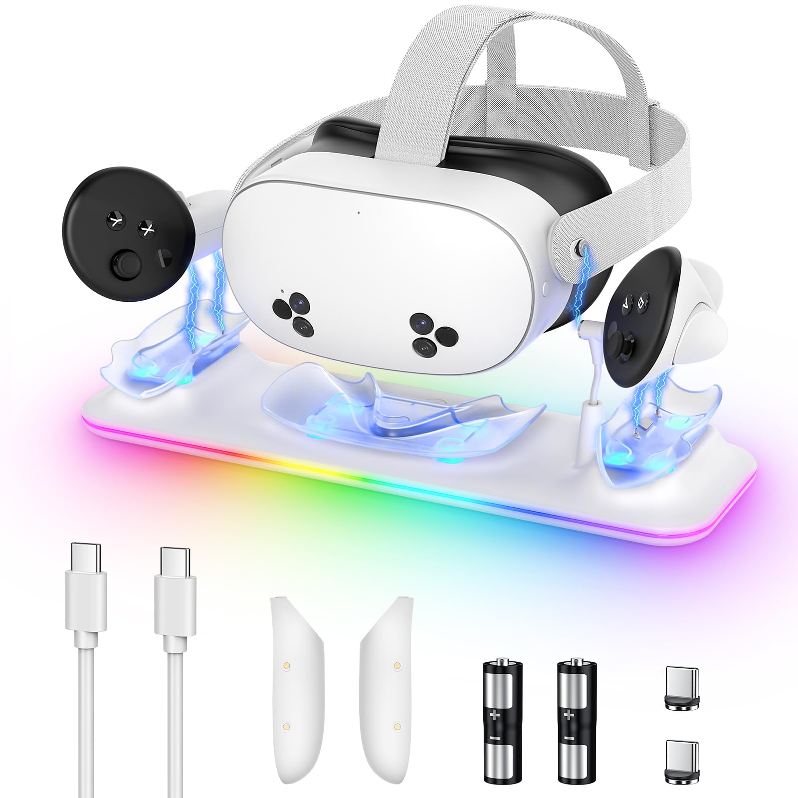 Meta Quest 3S/3 Charging Dock with RGB Lights - Magnetic Charging Station for Oculus Quest 3S/3 VR Headset & Controllers - Includes 2 Rechargeable Batteries - Perfect for Gaming, VR Entertainment & Home Theater Setup