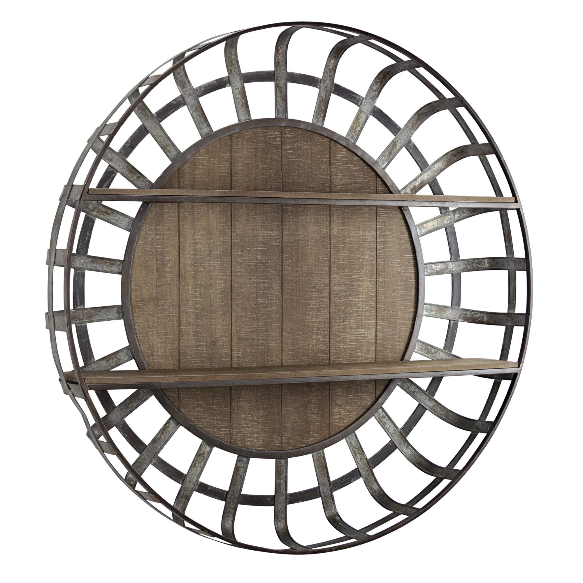 Rustic Wood and Galvanized Metal Round Hanging Wall Shelf - Farmhouse Decor for Kitchen, Bathroom, Living Room | American Art Decor Handmade Wall Organizer for Home Storage and Display