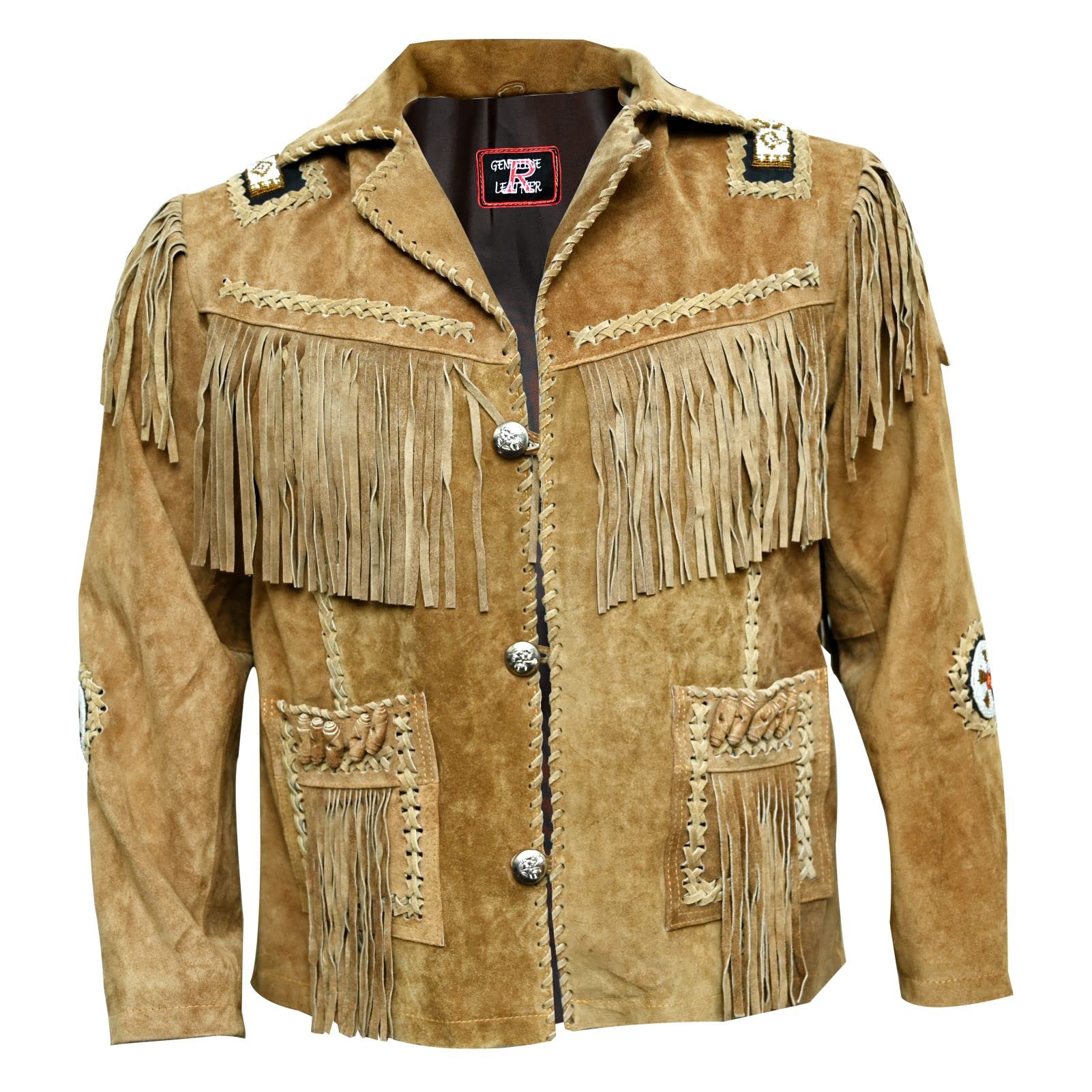 Men's Western Cowboy Suede Leather Jacket with Fringe & Native American Beadwork - White & Beige | Perfect for Rodeos, Country Music Festivals & Western Fashion