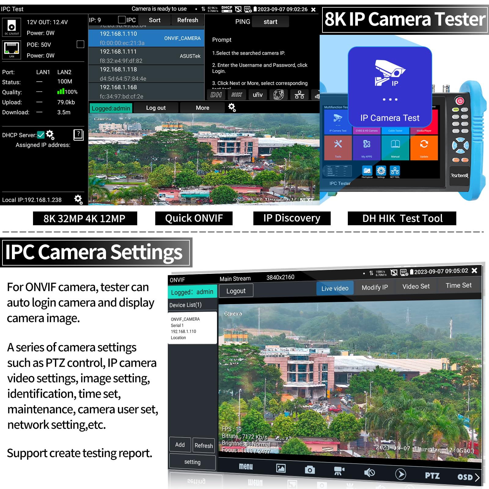 8K 32MP 4K 12MP IP Camera Tester - Rsrteng CCTV Tester for ONVIF IP Discovery, WiFi POE Cable Testing, HDMI/VGA Output - Perfect for Security Camera Installation & Network Maintenance (IPC-9800ADH Pro)