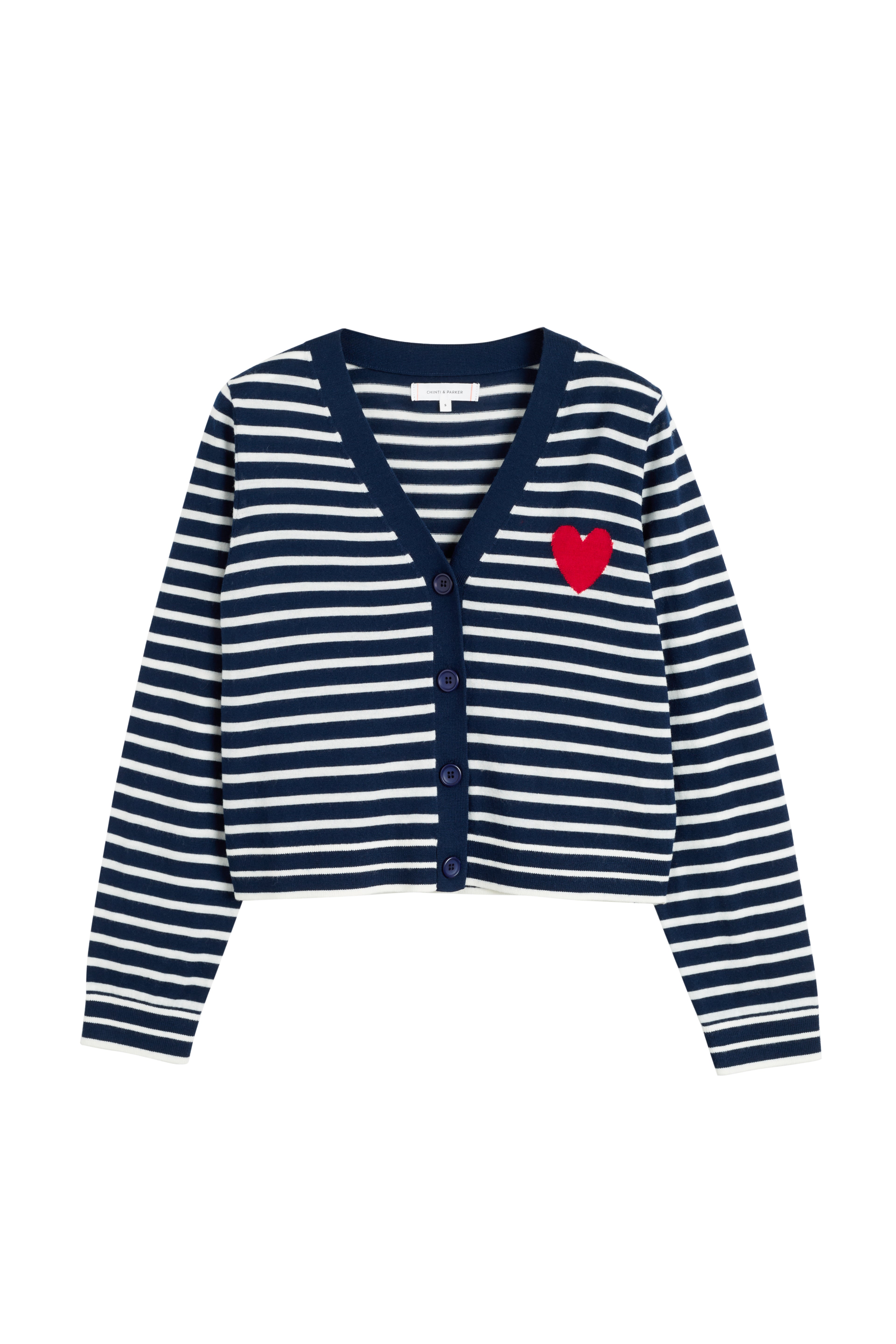 Navy Blue Merino Wool Heart Print Breton Cardigan for Women - Cozy Winter Sweater for Casual Outfits & Date Nights
