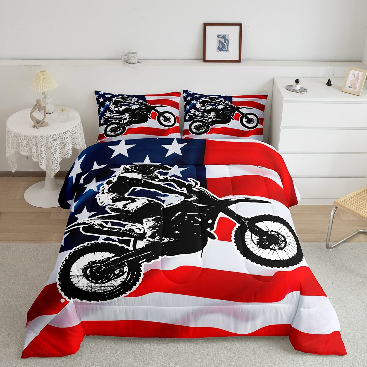Erosebridal Dirt Bike Comforter Set for Kids & Teens - American Flag Motocross Bedding with Red Stripes & Stars, Full Size Quilted Down Comforter - Soft Extreme Sport Design for Boys' Room, Dorm Decor & Motorcycle Themed Bedroom