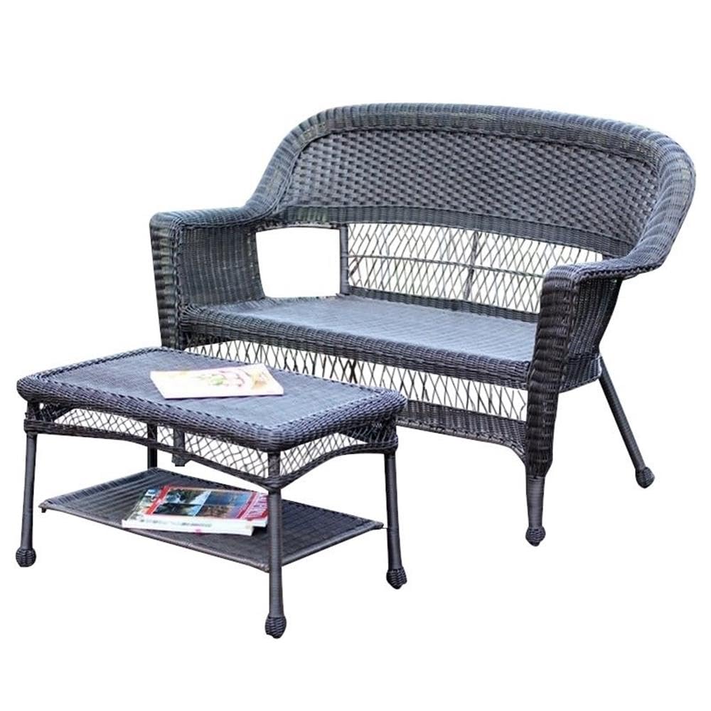 Jeco Espresso Wicker Patio Love Seat and Coffee Table Set - Outdoor Furniture for Garden, Deck, or Backyard - No Cushion Included - Weather-Resistant Rattan Sofa Set