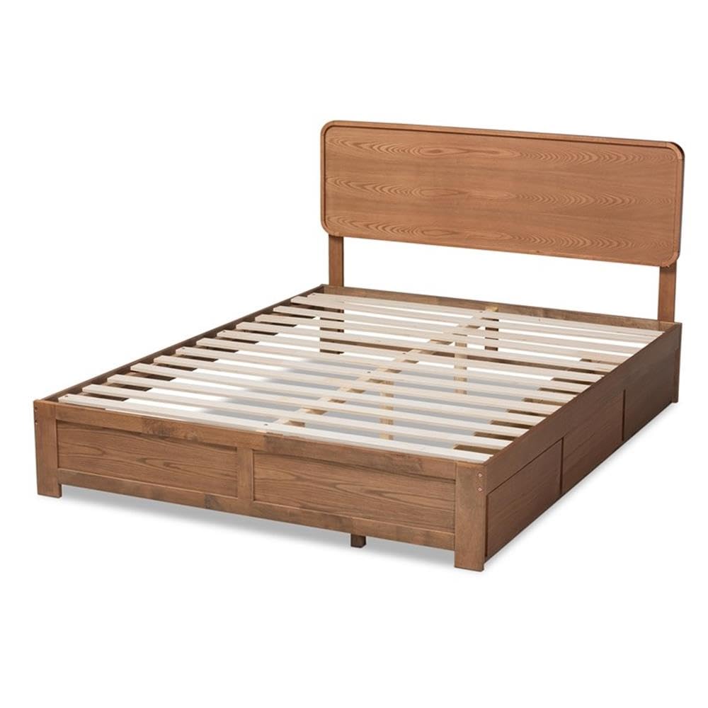 BOWERY HILL Solid Walnut Queen Size Bed Frame with 3 Storage Drawers - Elegant Wooden Platform Bed for Master Bedroom & Guest Room