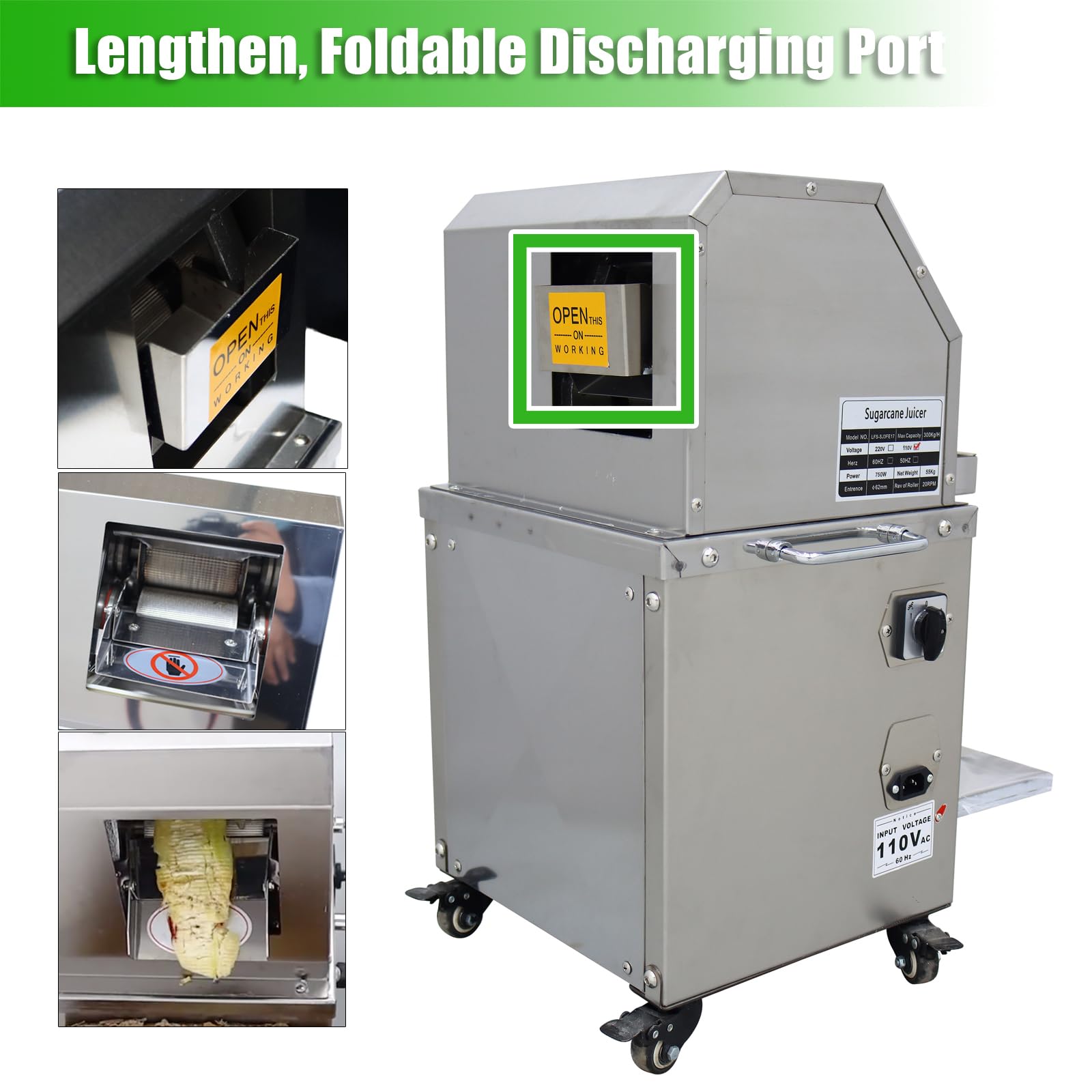 800W Commercial Electric Sugarcane Juicer Machine - 3 Rollers Auto Pressure Adjustment, 660lbs/h High Yield, Vertical Sugar Cane Press Extractor for Juice Bars, Restaurants & Healthy Home Use