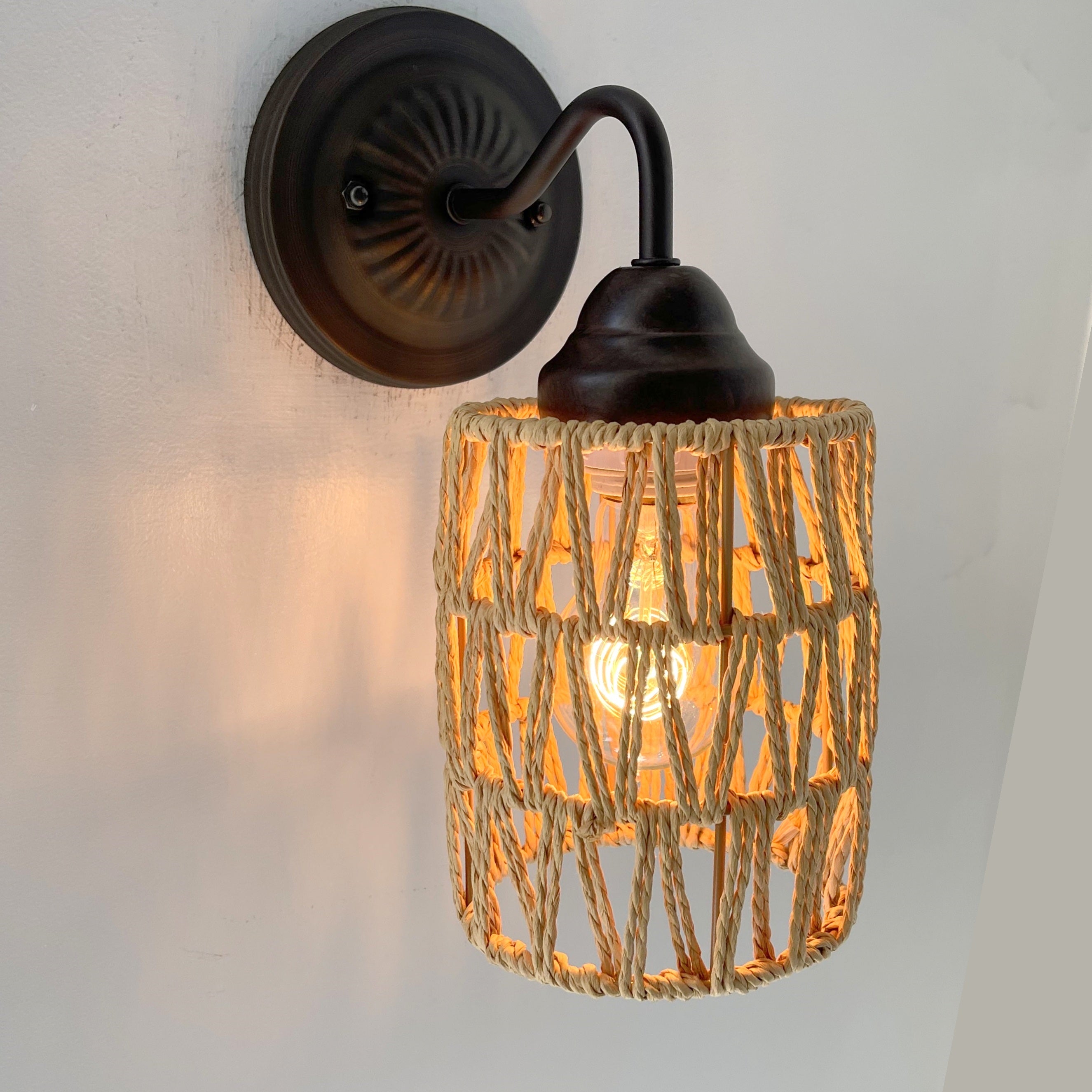 Rattan Coastal Bedroom Wall Sconce Light - Boho Farmhouse Lighting Fixture for Bedside, Living Room, or Hallway Decor