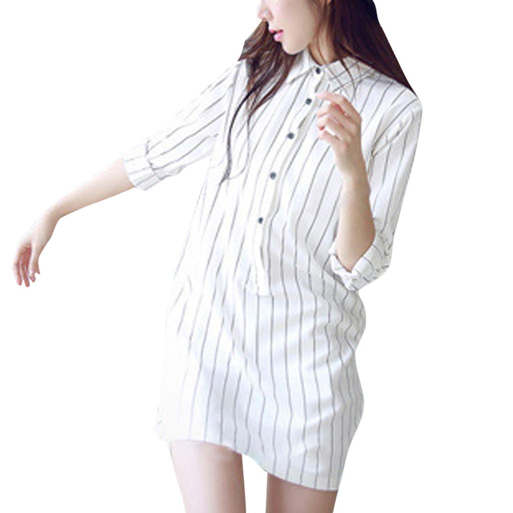 OVERMAL Women's Long Sleeve Lapel Stripe Shirt Dress - Casual Office Wear, Spring & Fall Fashion, Perfect for Work, Date Night and Weekend Outings