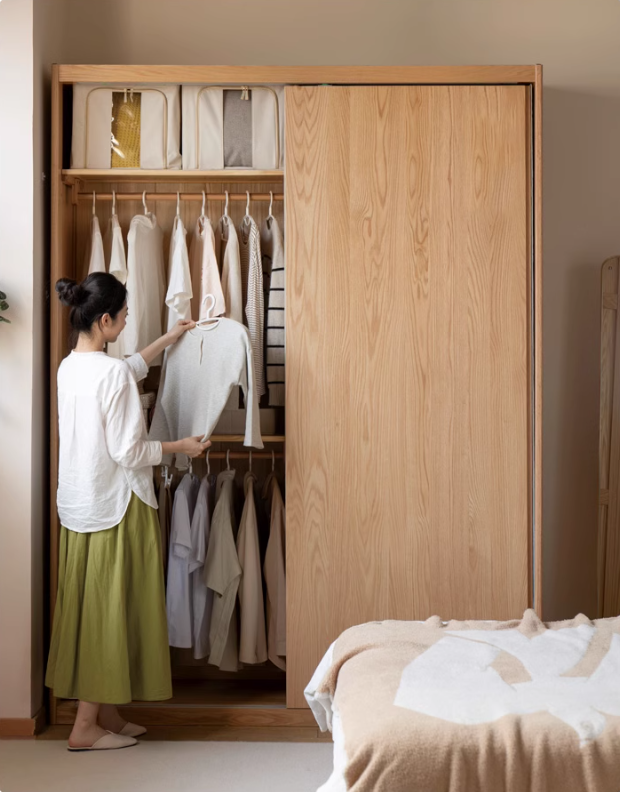 Solid Oak Wood Sliding Door Wardrobe Closet - Modern Storage Solution for Bedroom, Living Room & Office