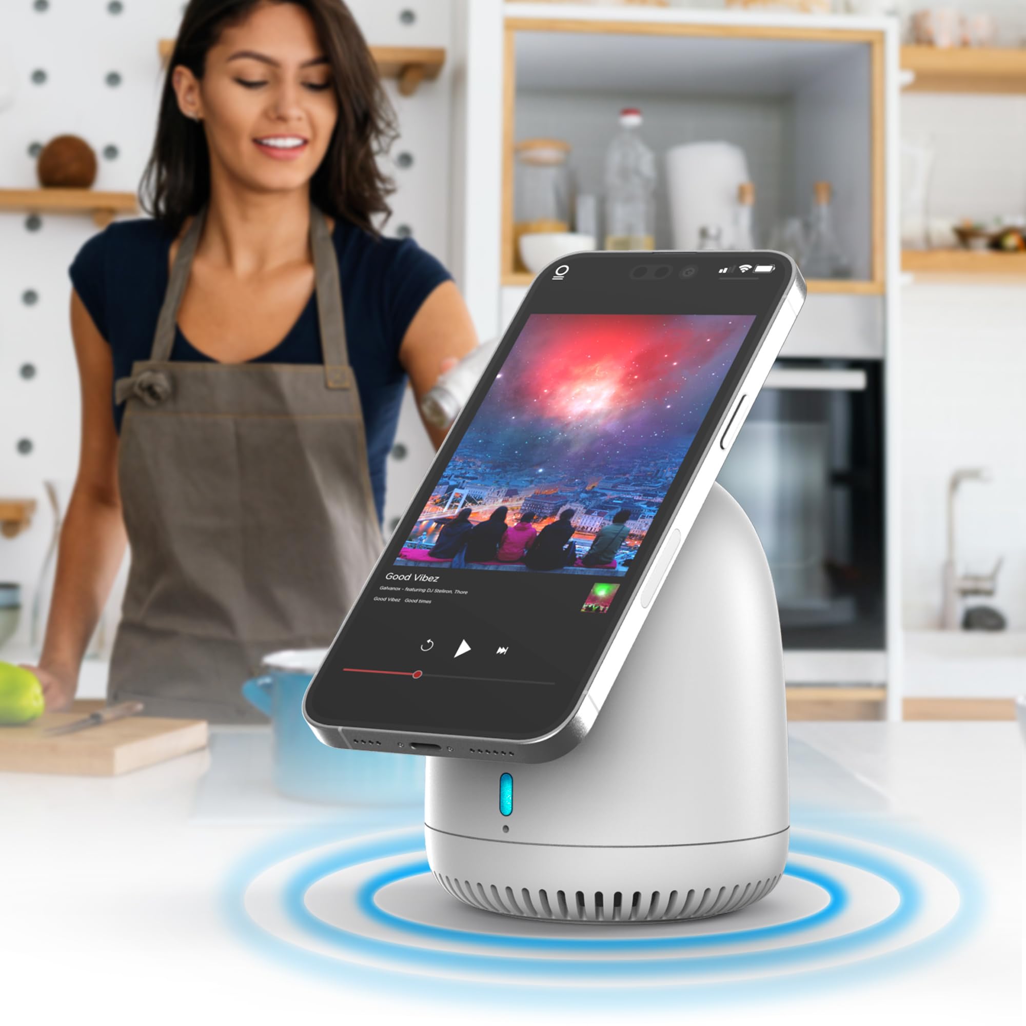 Magnetic Speaker Stand for iPhone with Wireless Charging | MagSafe Compatible Bluetooth Phone Dock | Portable Tech Gift for Men, Women, Teens | Perfect for Home, Office & Travel Use