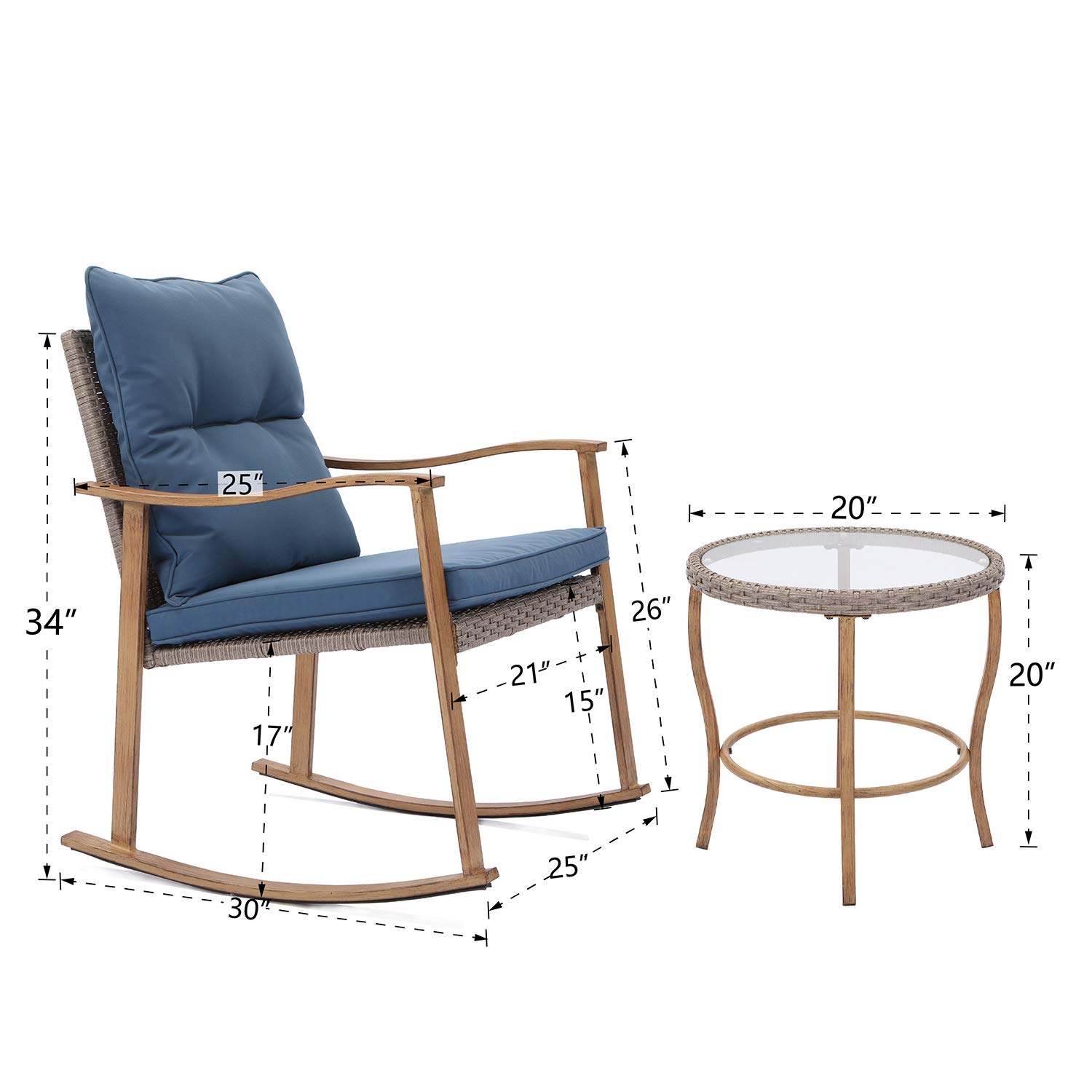 AQUILLA 3-Piece Outdoor Patio Rocking Set with Metal Frame & Tempered Glass Table - Blue Cushioned Bistro Set for Porch, Garden, Backyard - Perfect for Relaxing, Entertaining & Outdoor Dining