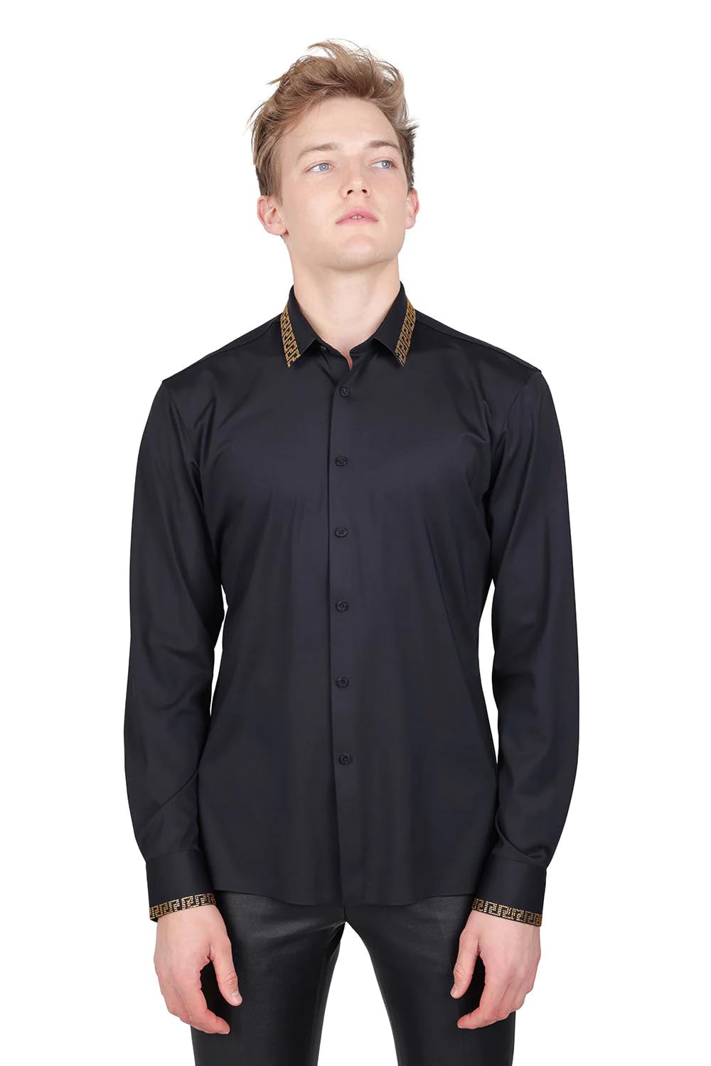 Barabas Men's Rhinestone Greek Key Pattern Long Sleeve Dress Shirts BR100 - Formal Wear for Weddings, Parties & Special Occasions