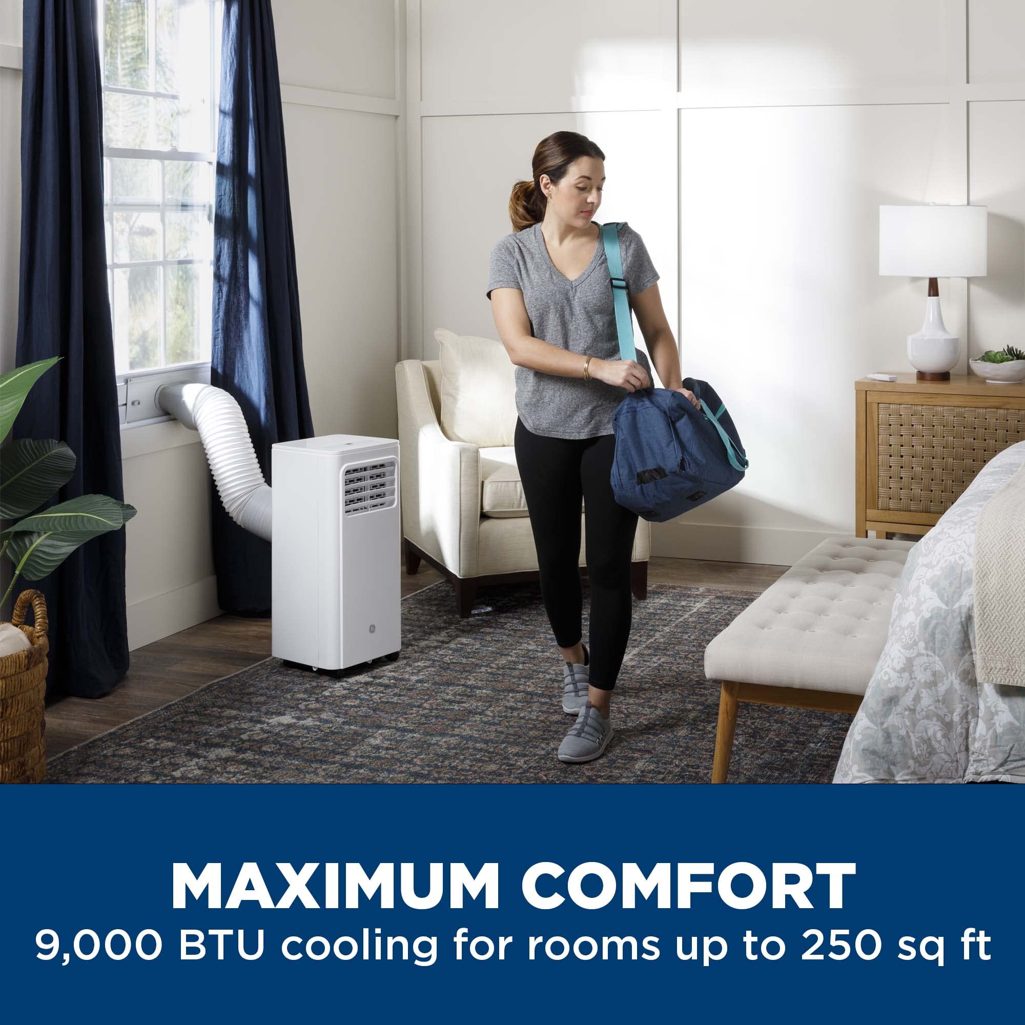 GE 9,000 BTU Portable 3-in-1 Air Conditioner with Dehumidifier & Fan - Cools 250 Sq Ft Rooms, WiFi & Smart Control, Remote Included - Perfect for Bedrooms, Home Offices & Small Apartments (White)