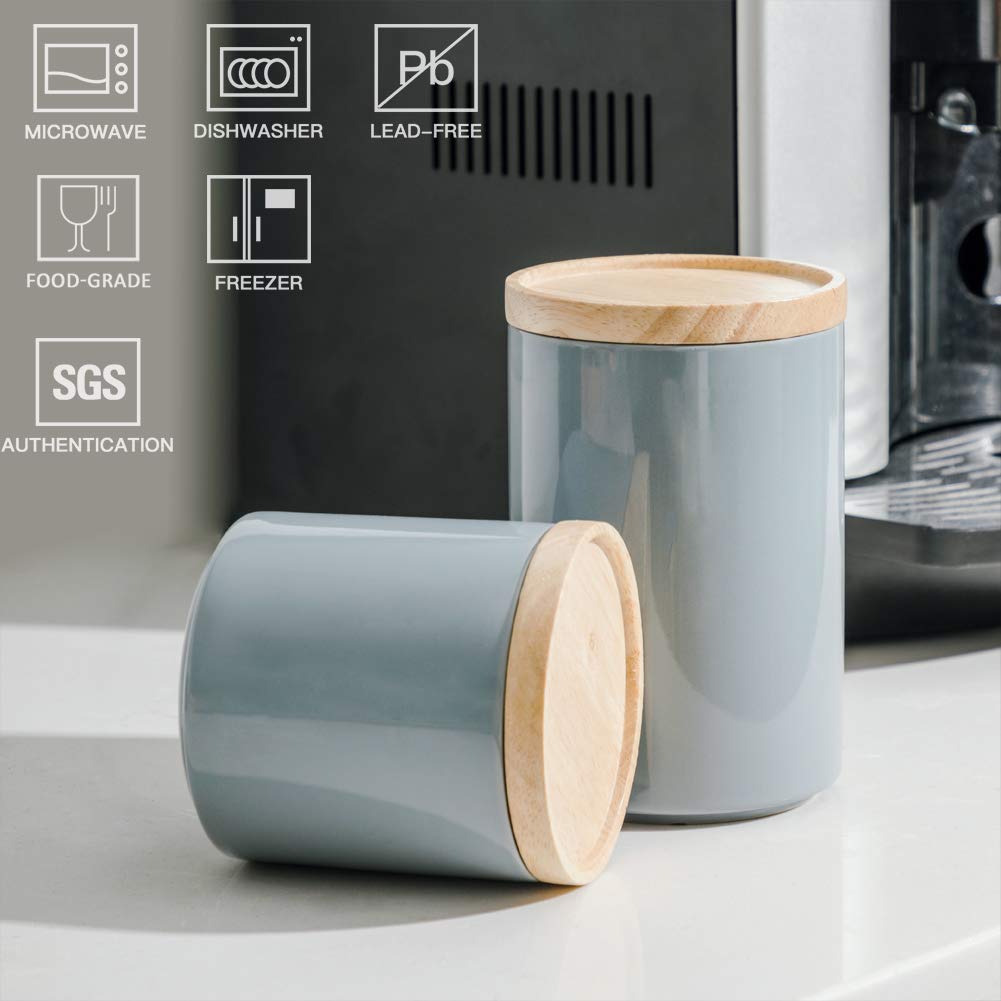 Sweejar Ceramic Food Storage Canisters with Airtight Wooden Lid - 28oz Stackable Kitchen Containers for Coffee, Tea, Sugar, Salt | Perfect for Pantry Organization & Countertop Display (Gray)