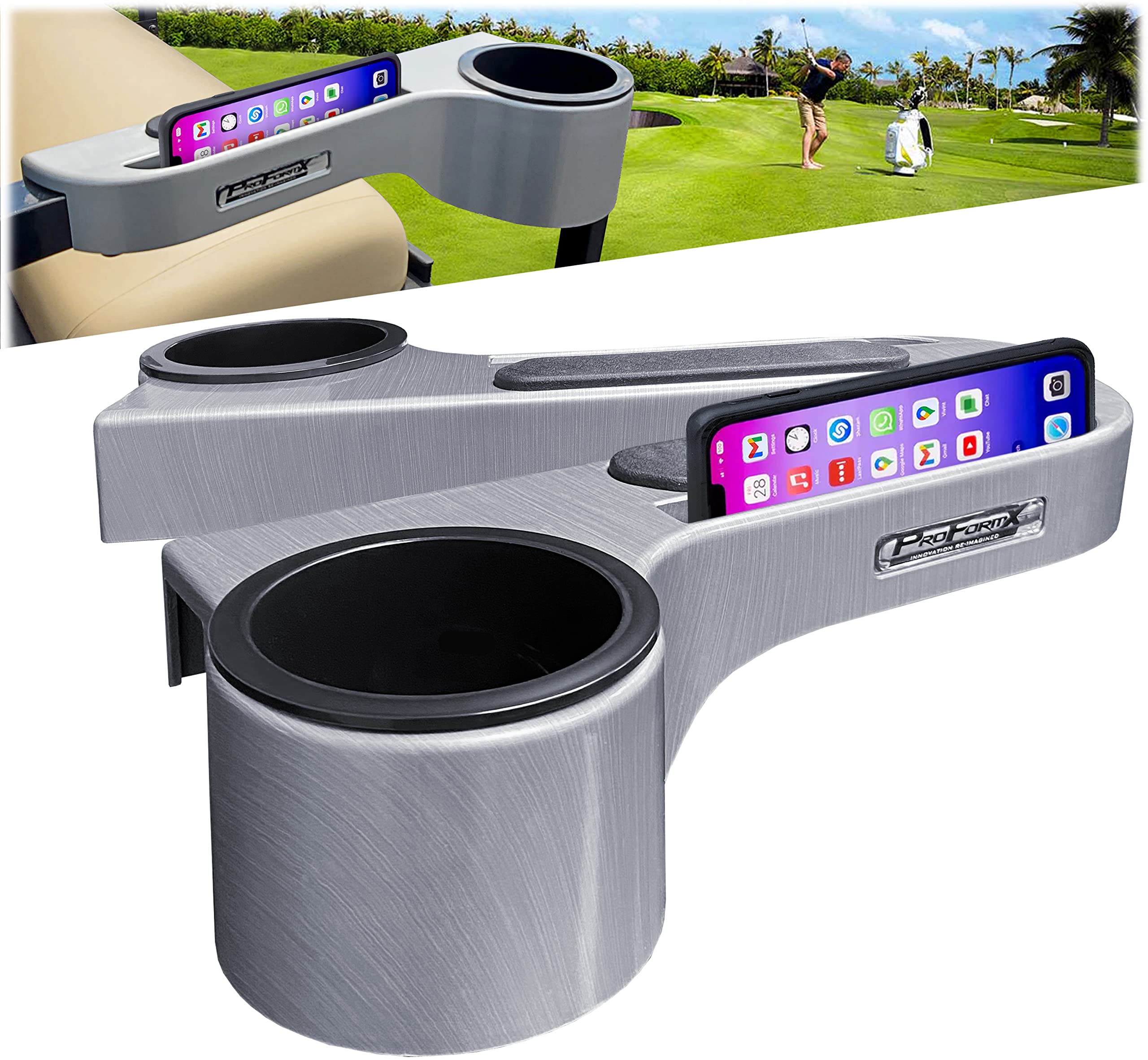 Premium Titanium Golf Cart Armrest with Cup Holder & Phone Mount – Universal Fit for Club Car, Yamaha, EZGO – Durable Plastic Golf Cart Accessories for Comfort & Convenience on the Course