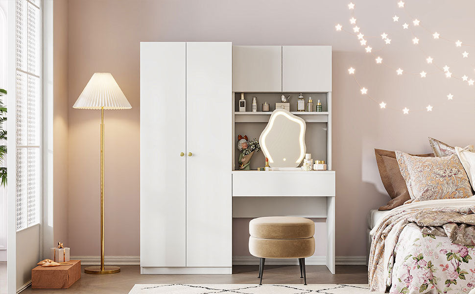 2 Door Wooden Storage Vanity Wardrobe with Makeup Mirror & Drawers - White Bedroom Organizer for Clothes, Shoes & Accessories | Perfect for Master Bedroom, Guest Room & Dormitory
