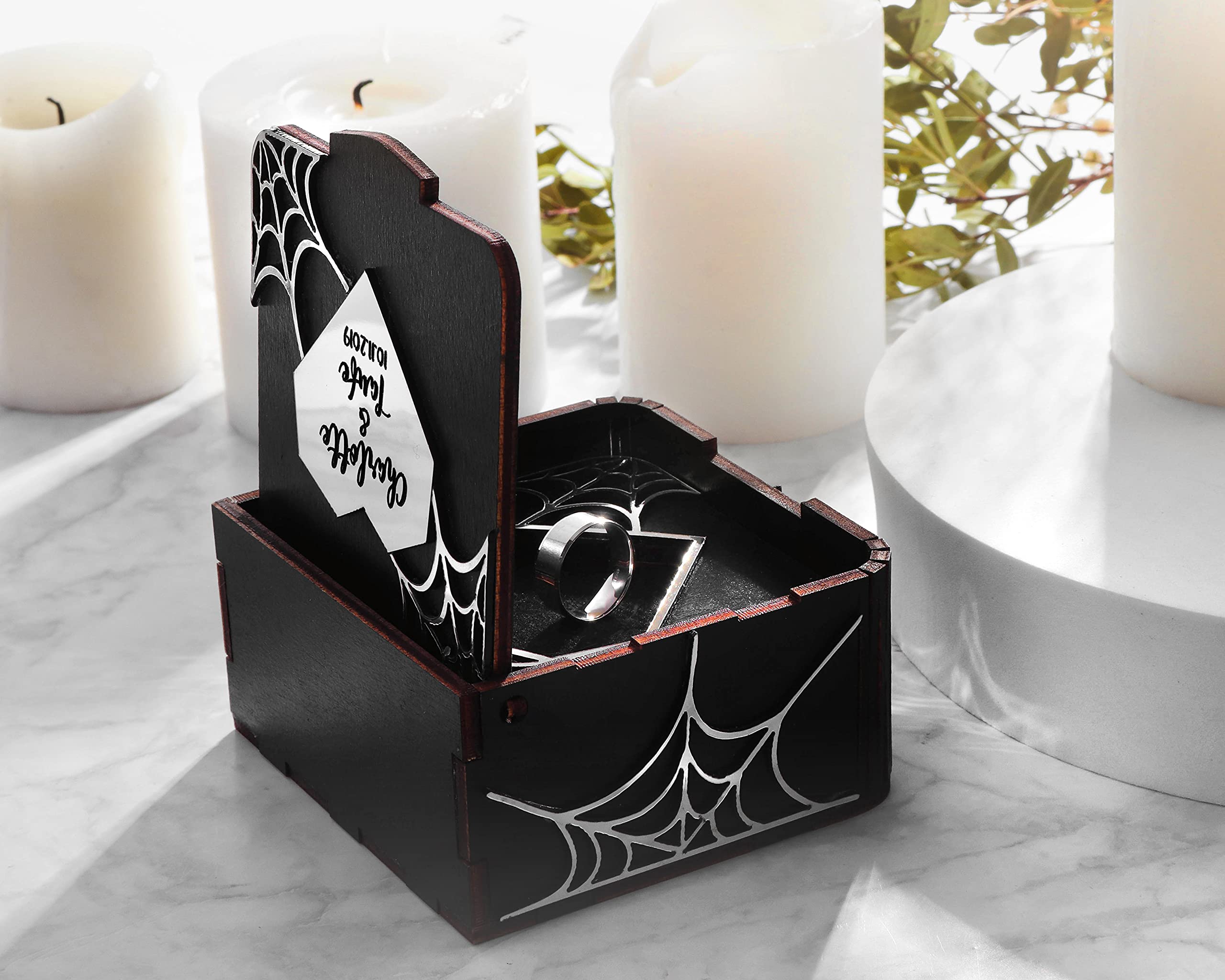 Gothic Wooden Cobweb Ring Box for Halloween Wedding - Elegant Ring Bearer Box with 'Til Death Do Us Part' Engraving - Perfect for Gothic Wedding Decorations & Spooky Reception Decor