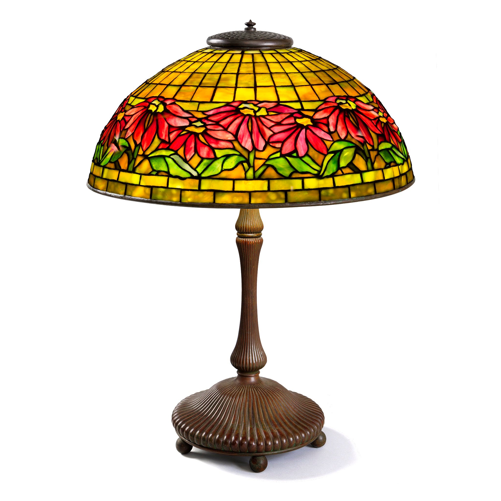 Tiffany Studios New York Poinsettia Table Lamp - Stained Glass Art Deco Home Decor for Living Room, Bedroom & Office Lighting