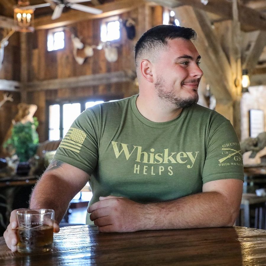 Whiskey Helps? Funny Military Green T-Shirt - Perfect for Casual Wear, Parties & Gifts